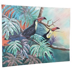 Monumental Vintage Tropical Toucan Painting on Canvas