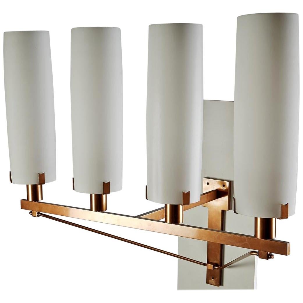 1950s Monumental Swedish Wall Lamps – Brass Frame with Cylindrical Glass Shades
