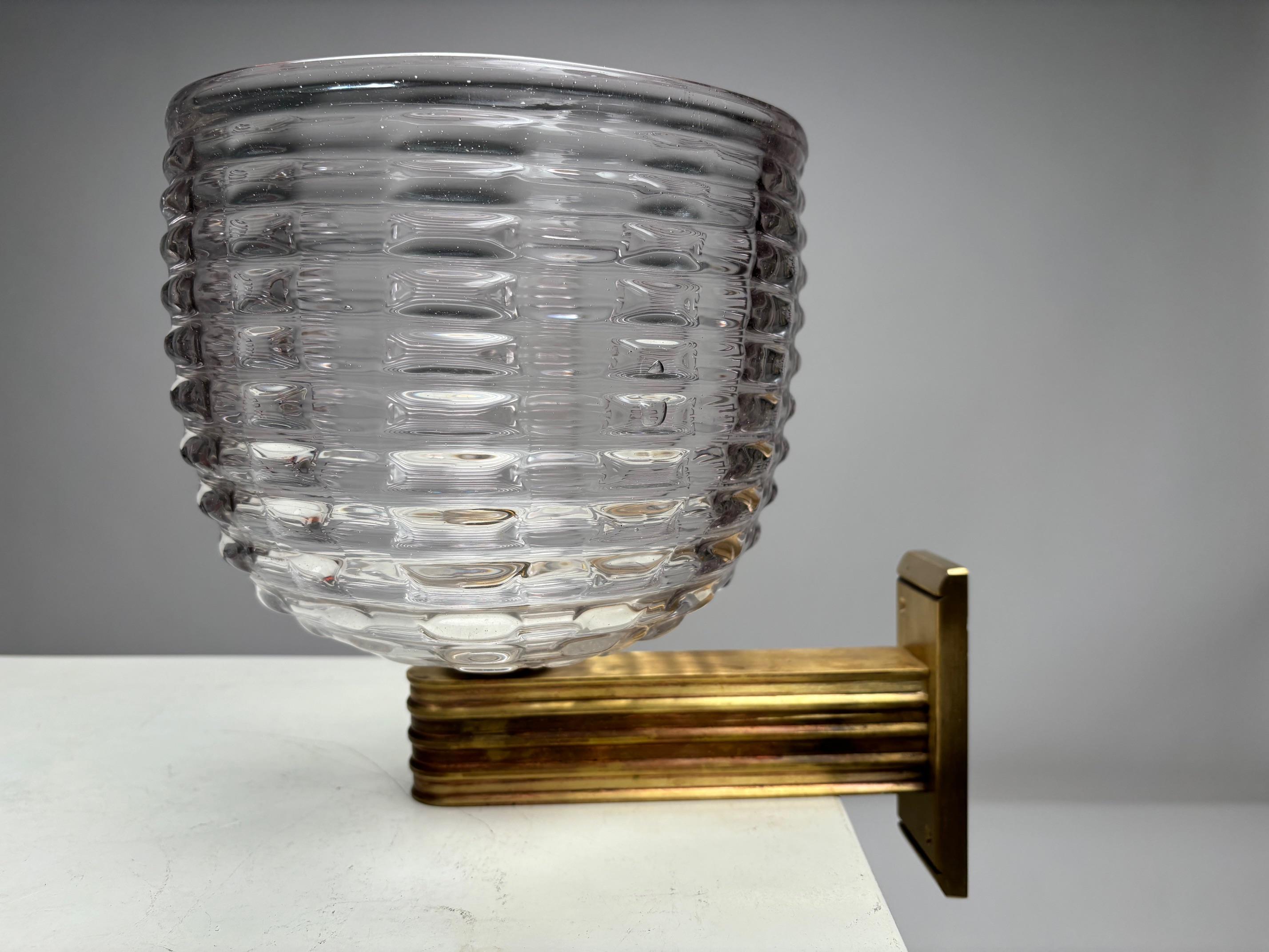 Art Deco Monumental Wall light by Ercole Barovier  in blown Murano Glass and brass, Italy For Sale