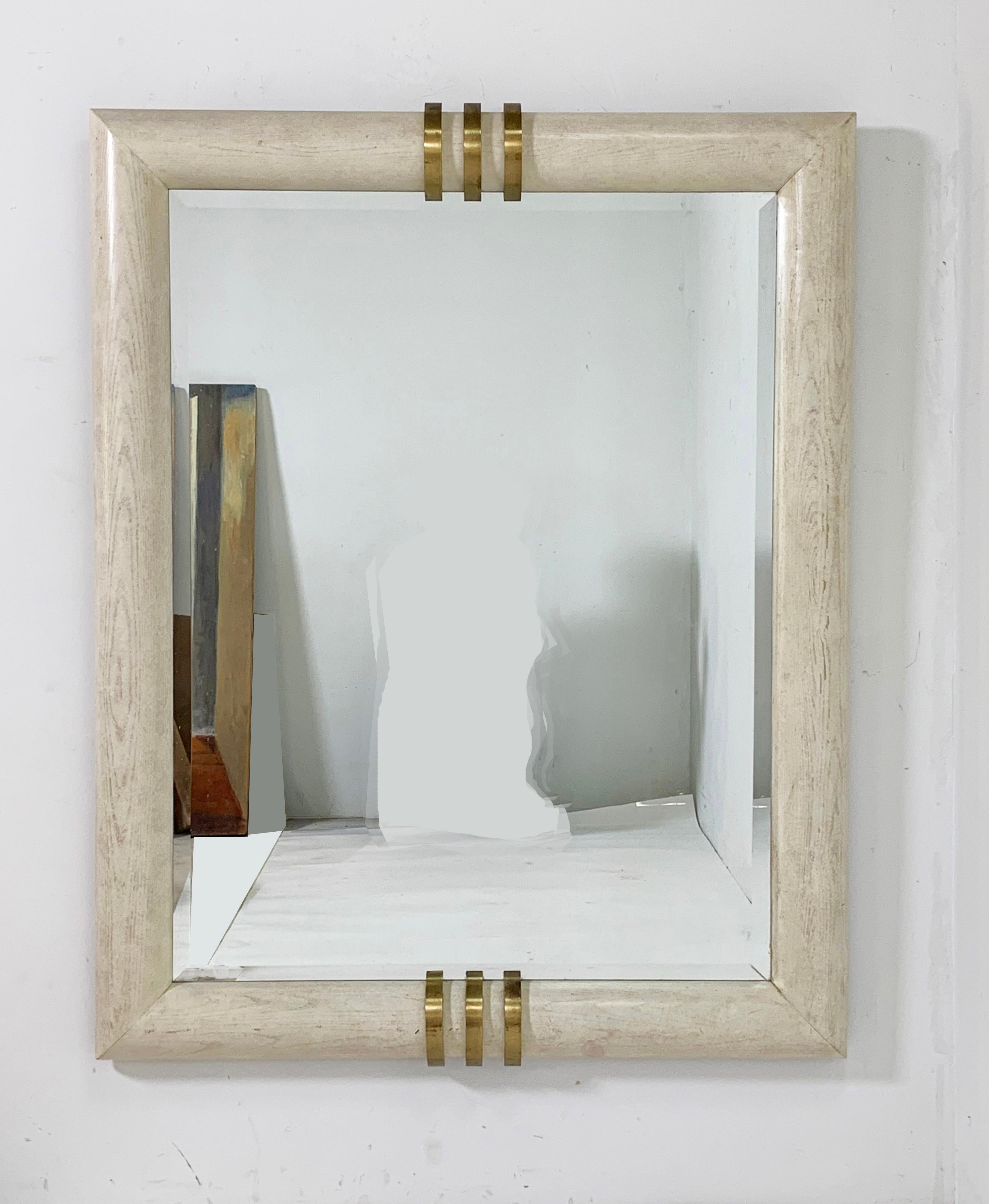 A monumental post-modern centerpiece mirror in white washed oak with bronze ornament by Henredon, ca. 1986. Could be hung horizontally if desired.