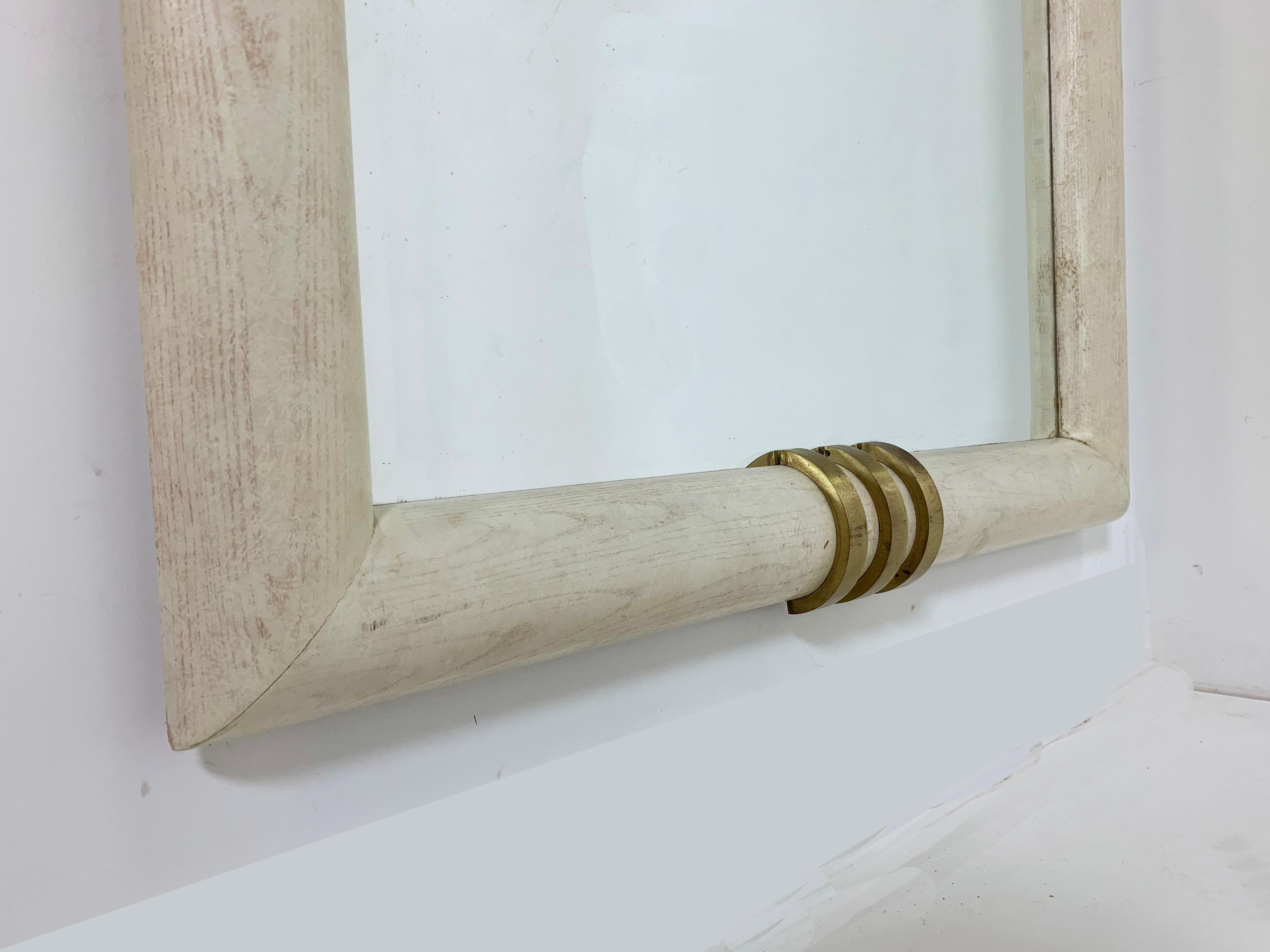 Mid-Century Modern Monumental Wall Mirror in White Washed Oak and Bronze by Henredon, ca. 1980s