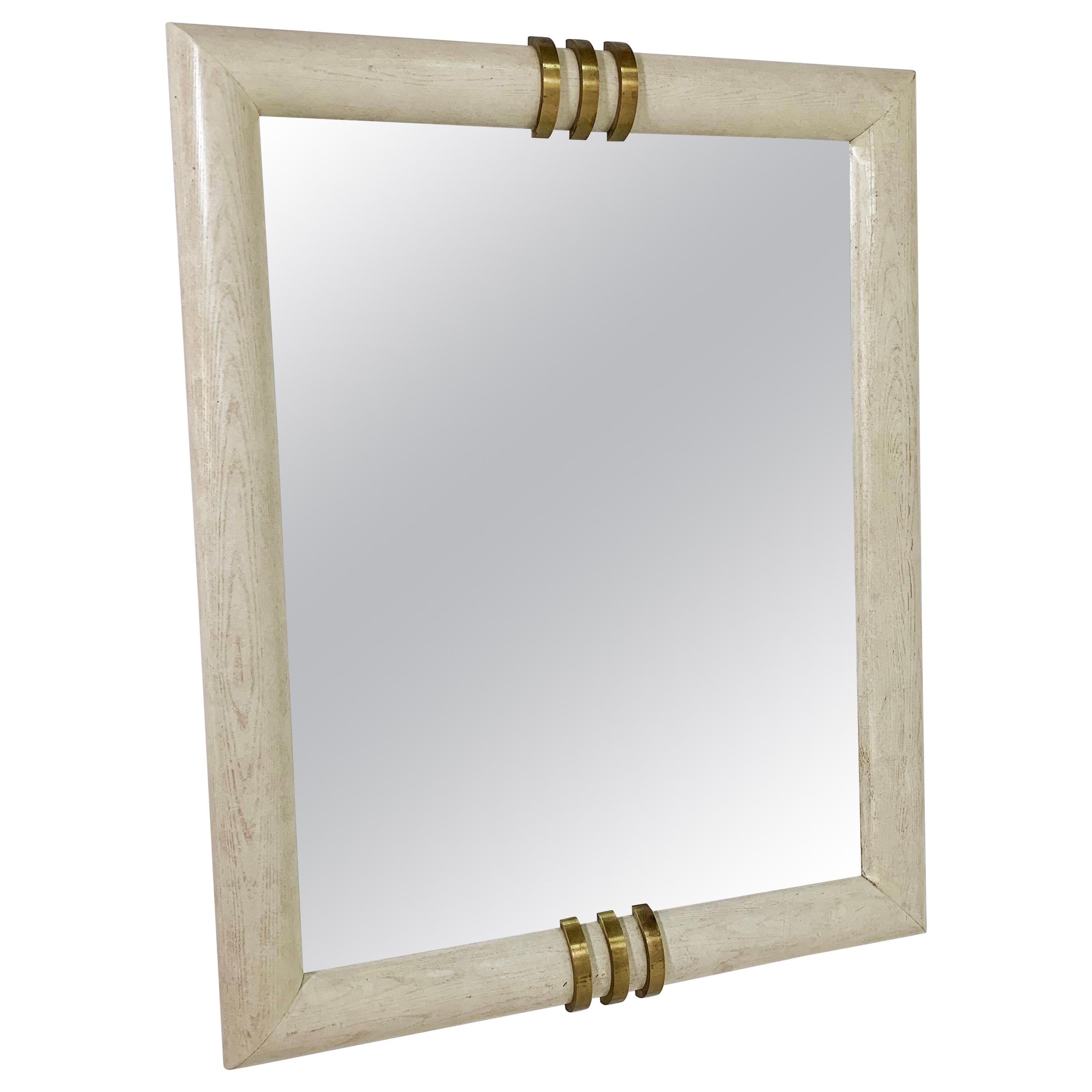 Monumental Wall Mirror in White Washed Oak and Bronze by Henredon, ca. 1980s