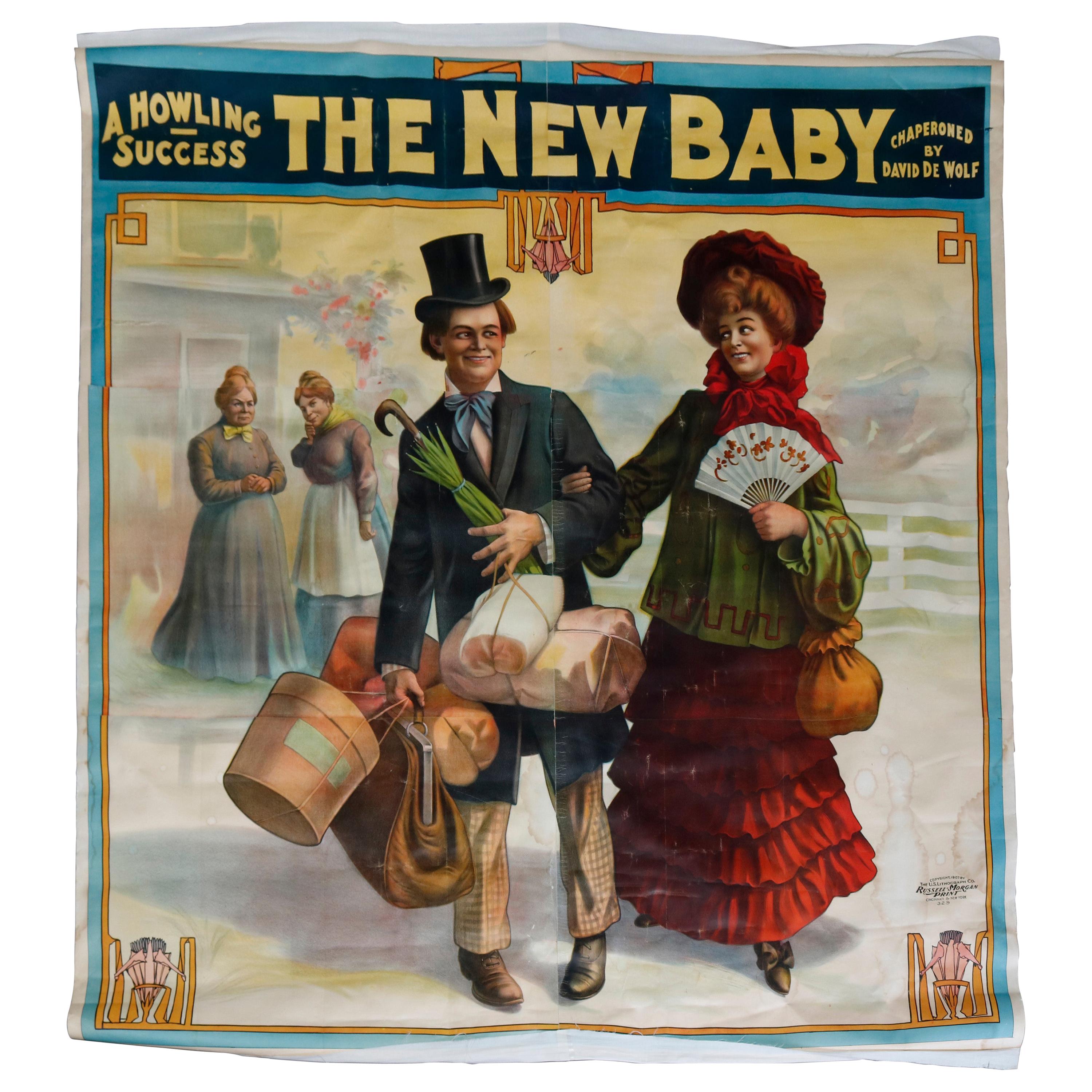 Monumental Wall-Size Original Theatre Stage Poster on Canvas "The New Baby" 1907