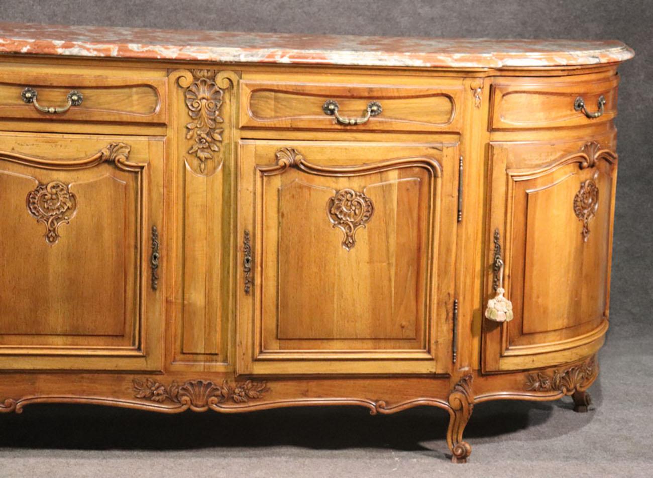 Marble Monumental Walnut Carved French Louis XV Sideboard Server Buffet, circa 1950