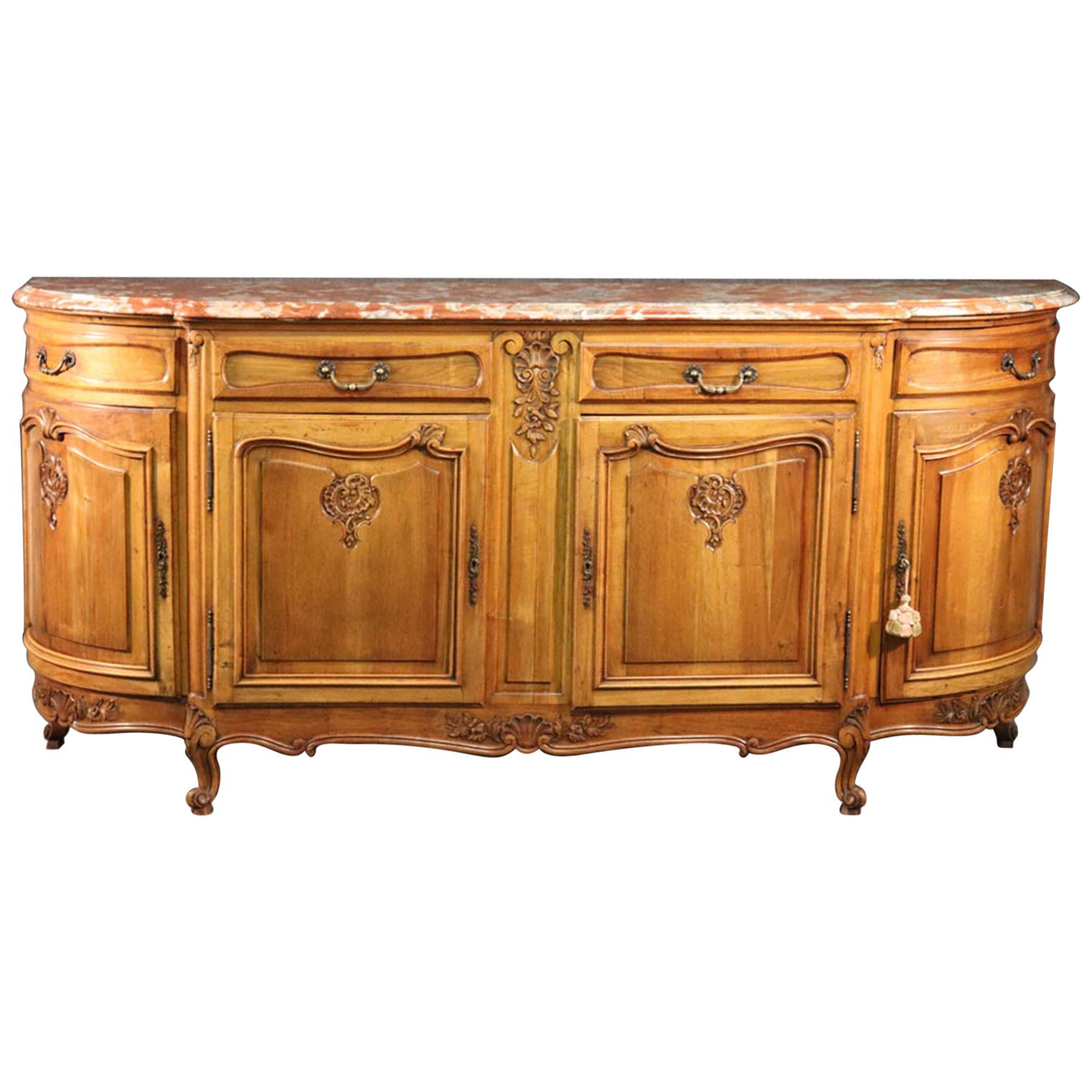 Monumental Walnut Carved French Louis XV Sideboard Server Buffet, circa 1950