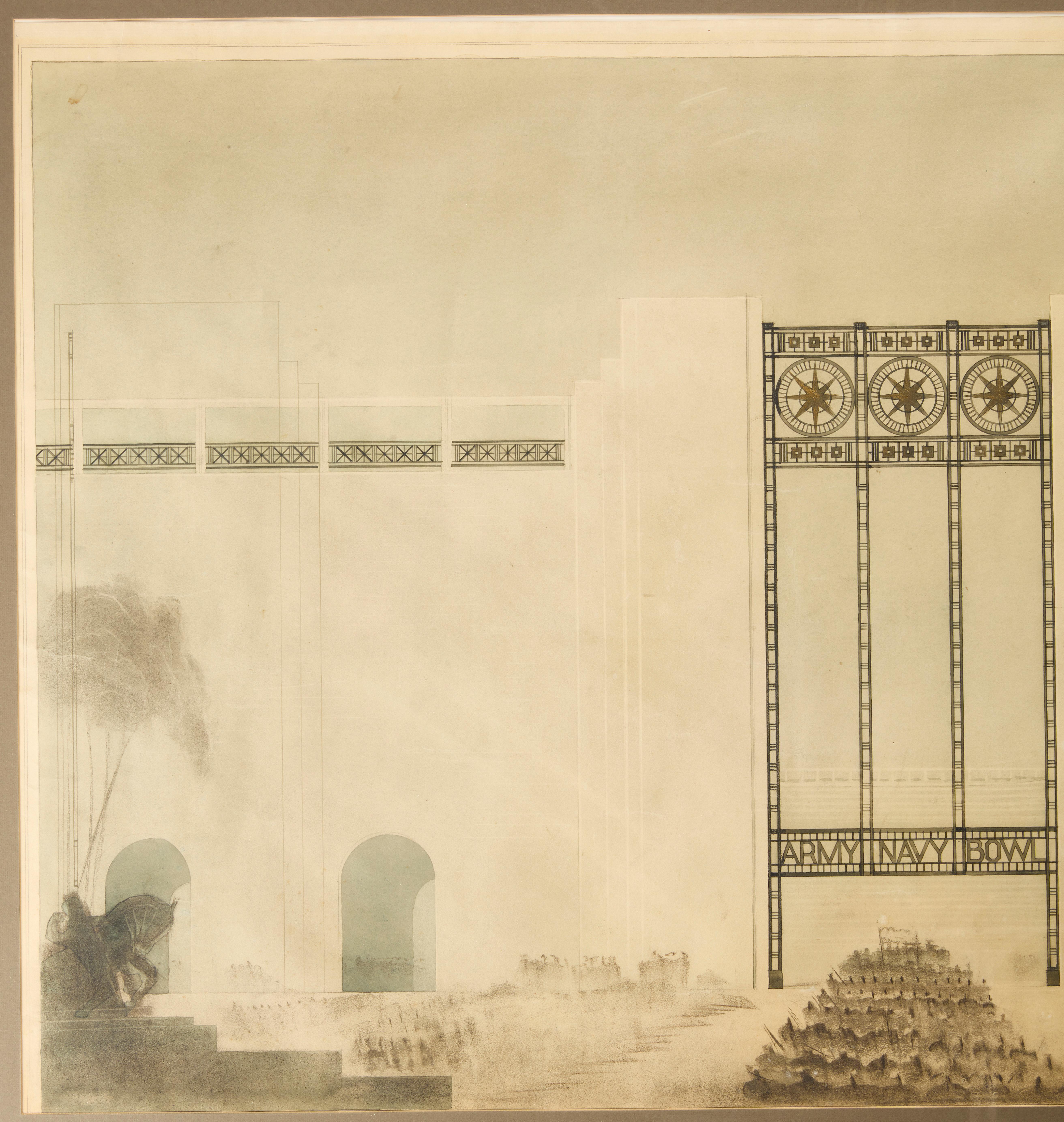 Monumental hand drawn architectural rendering - Rensselaer Polytechnic Institute, Stadium. Watercolor and pencil on paper. Signed LR and dated 1933  Framed size 39-1/2