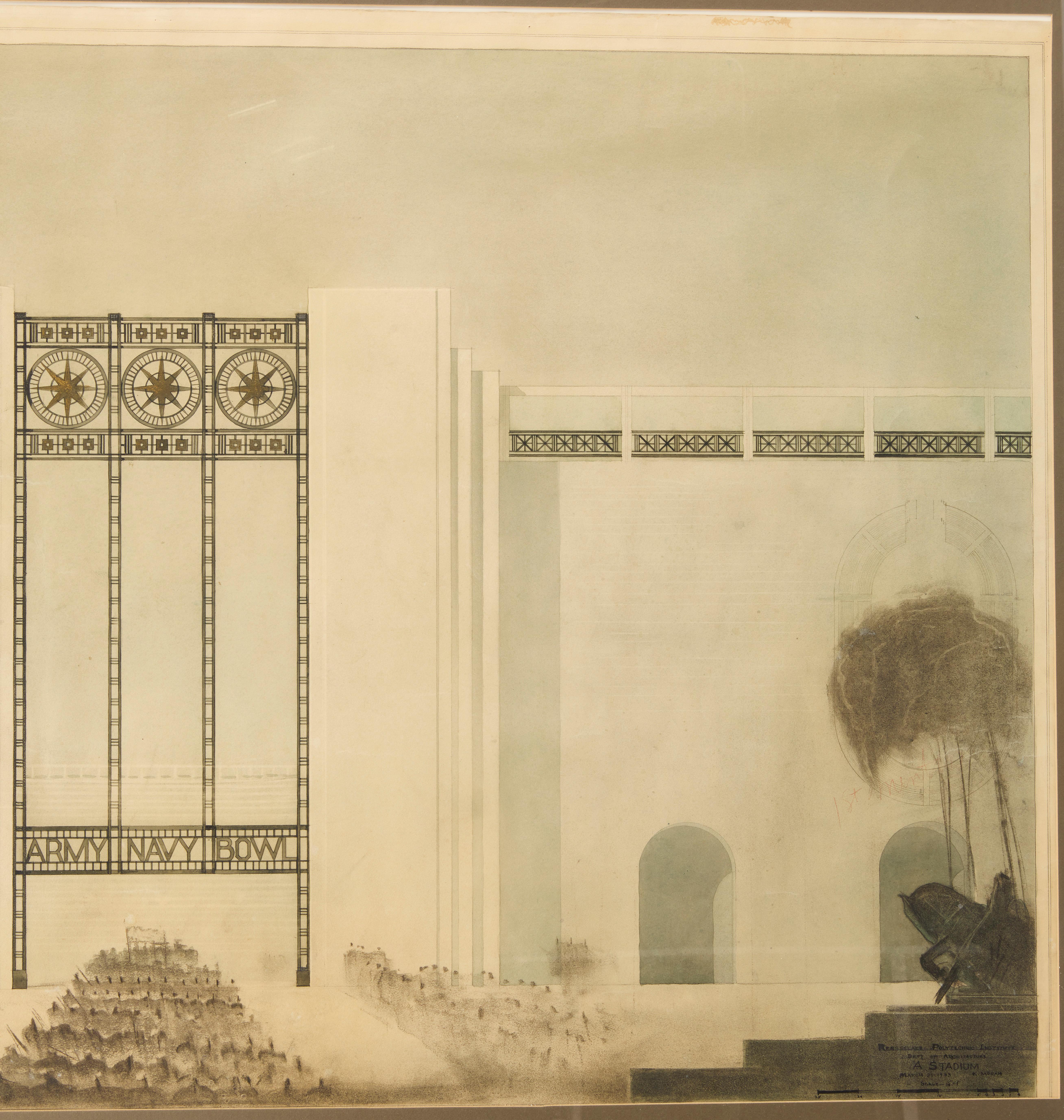 Art Deco Monumental Watercolor Architectural Rendering For Sale