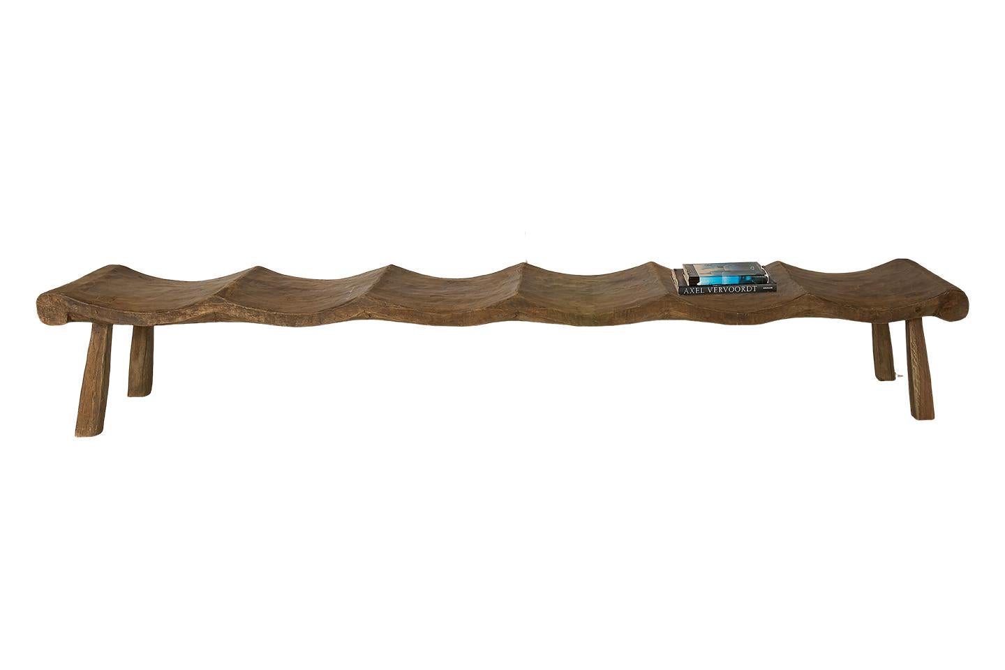Organic Modern Monumental Weathered Elm Scalloped Bench For Sale