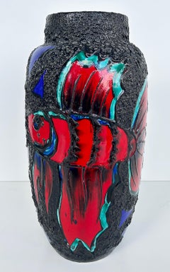 Monumental West German Ceramic Lava Glaze Fish Vases, Colorful pair