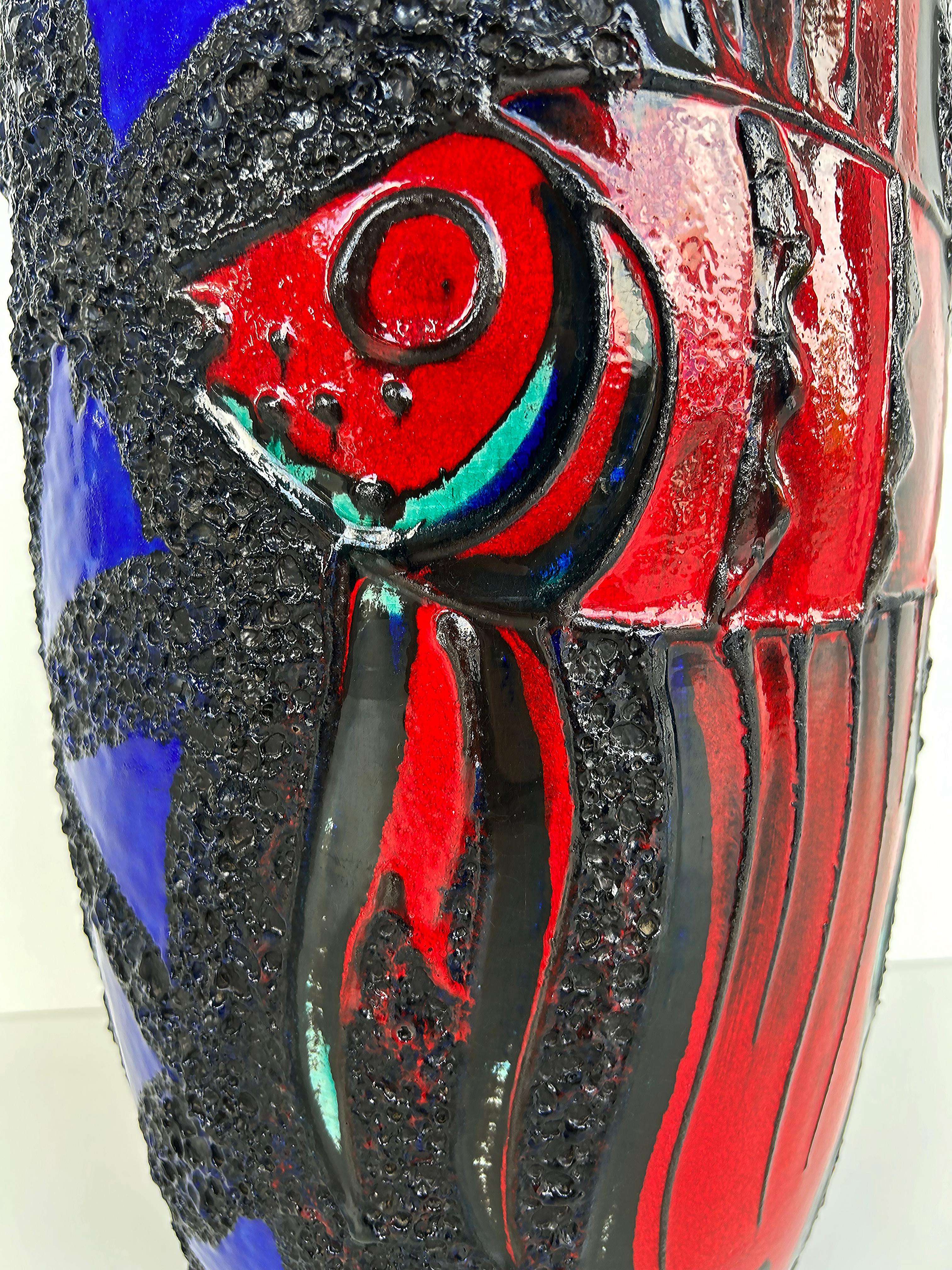 Hand-Painted Monumental West German Ceramic Lava Glaze Fish Vases, Colorful pair For Sale