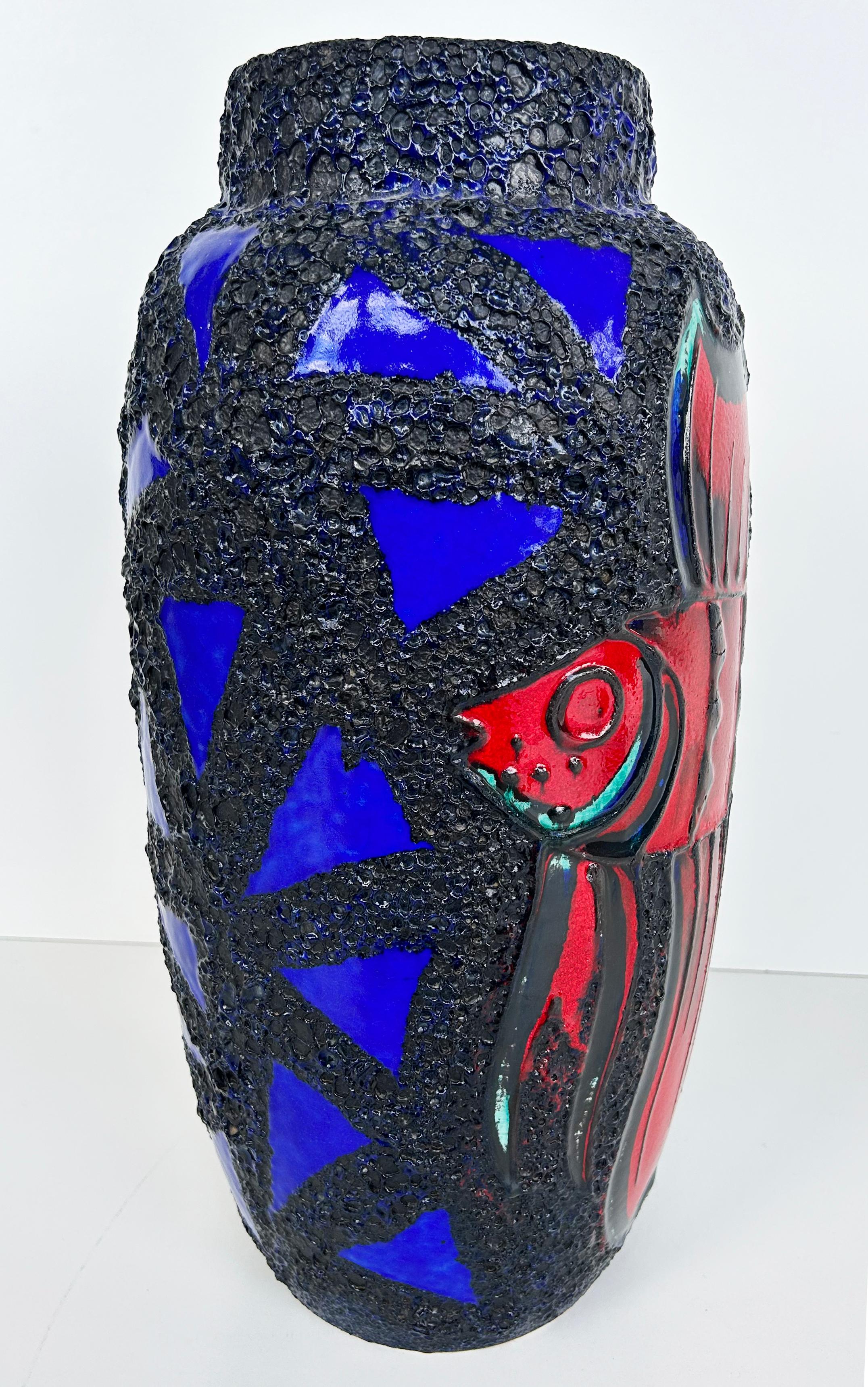 20th Century Monumental West German Ceramic Lava Glaze Fish Vases, Colorful pair For Sale
