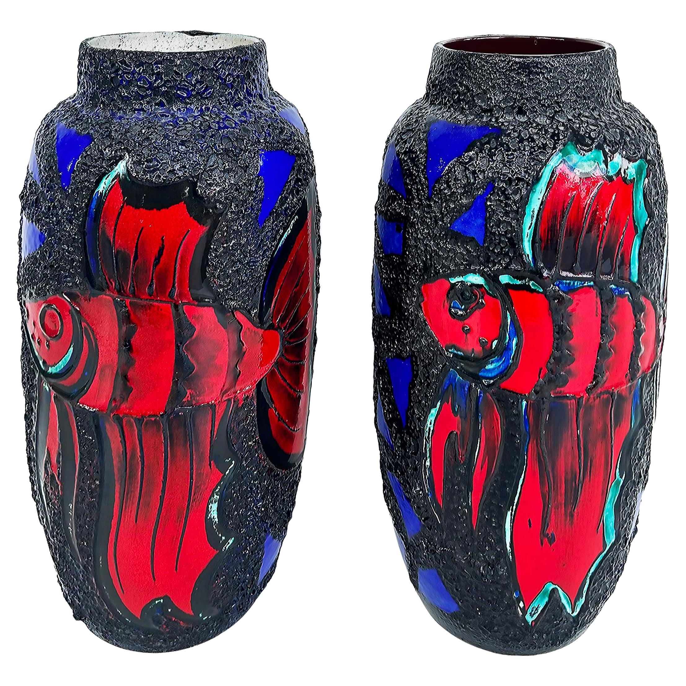 Monumental West German Ceramic Lava Glaze Fish Vases, Colorful pair For Sale