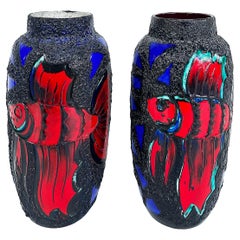Retro Monumental West German Ceramic Lava Glaze Fish Vases, Colorful pair