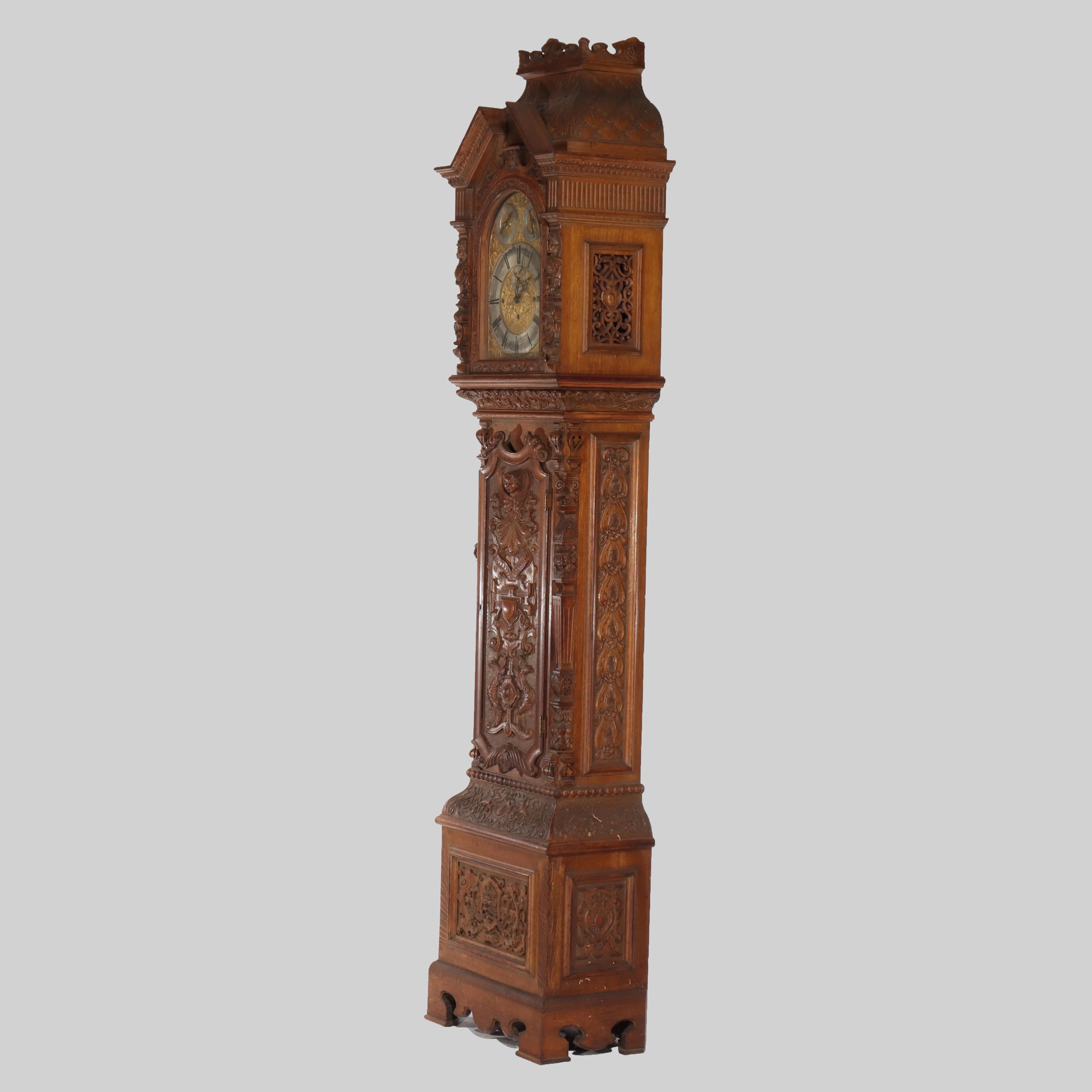 Monumental Westminster English Baroque Heavily Figural Carved Tall Case Clock For Sale 6