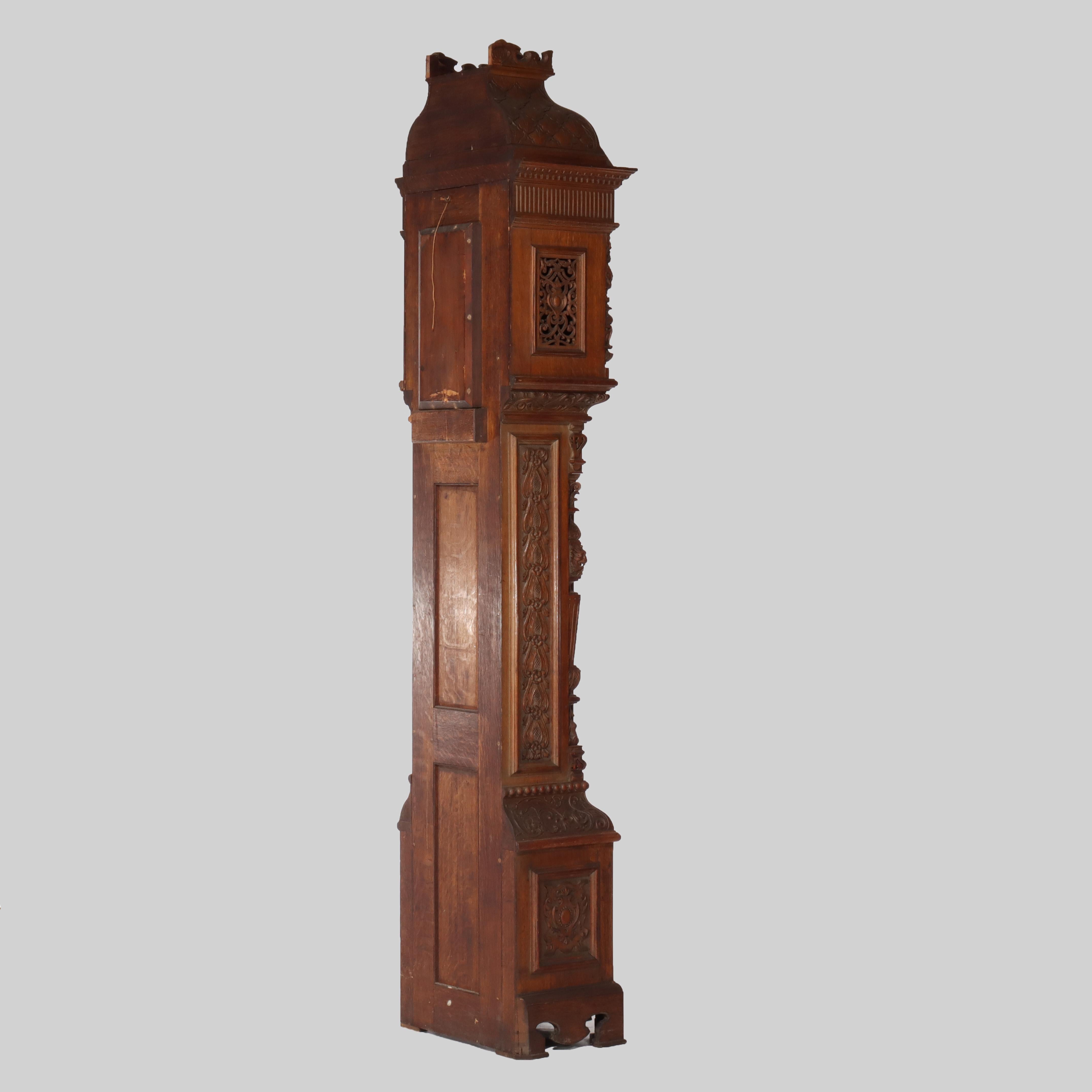Monumental Westminster English Baroque Heavily Figural Carved Tall Case Clock For Sale 8