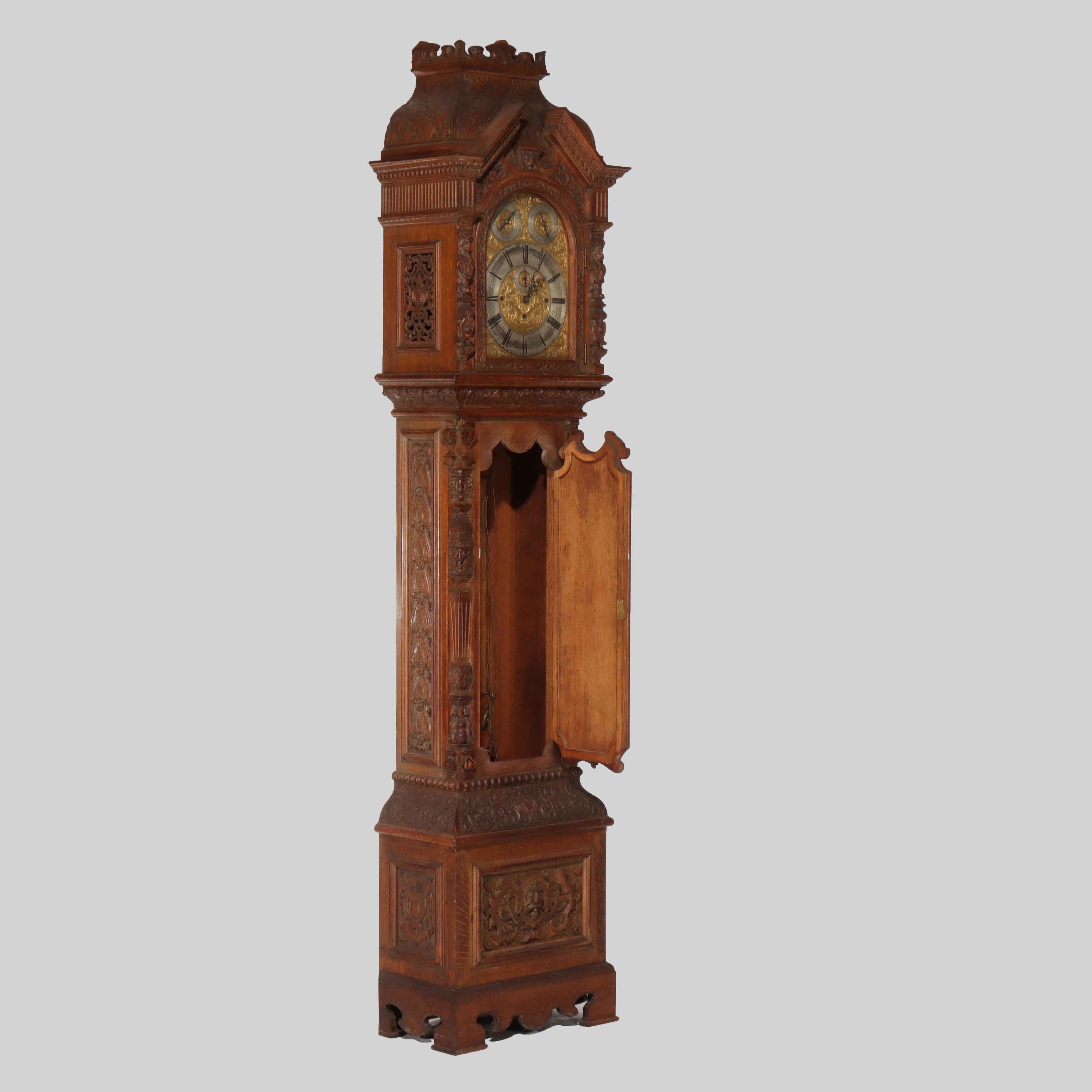 Monumental Westminster English Baroque Heavily Figural Carved Tall Case Clock For Sale 12