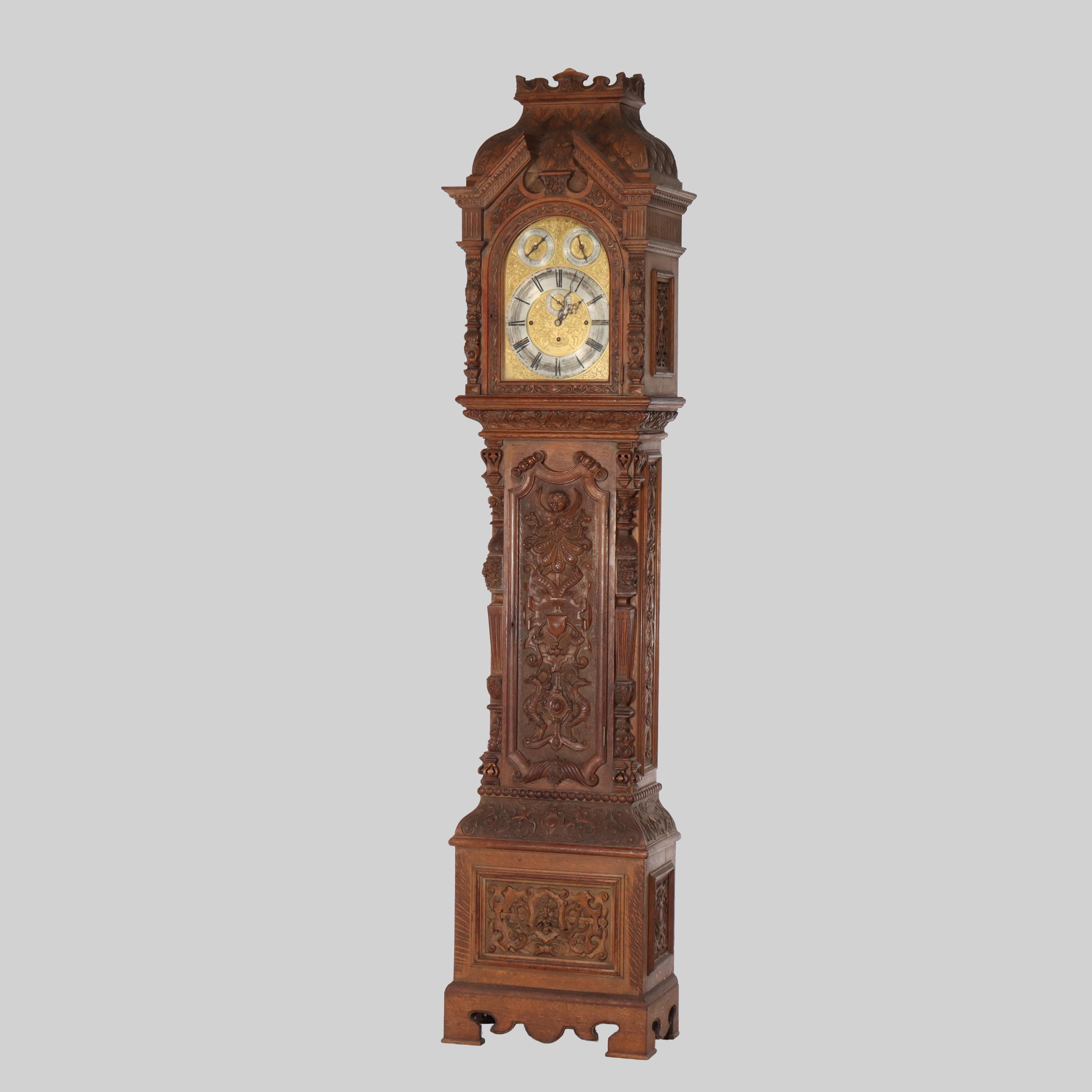 ***Reduced In-House Delivery Rates - Click on “Ask Seller” to Request a Quote***
Monumental Antique Westminster English Baroque Heavily Figural Carved Tall Case Clock c1890.      
Measures - 104