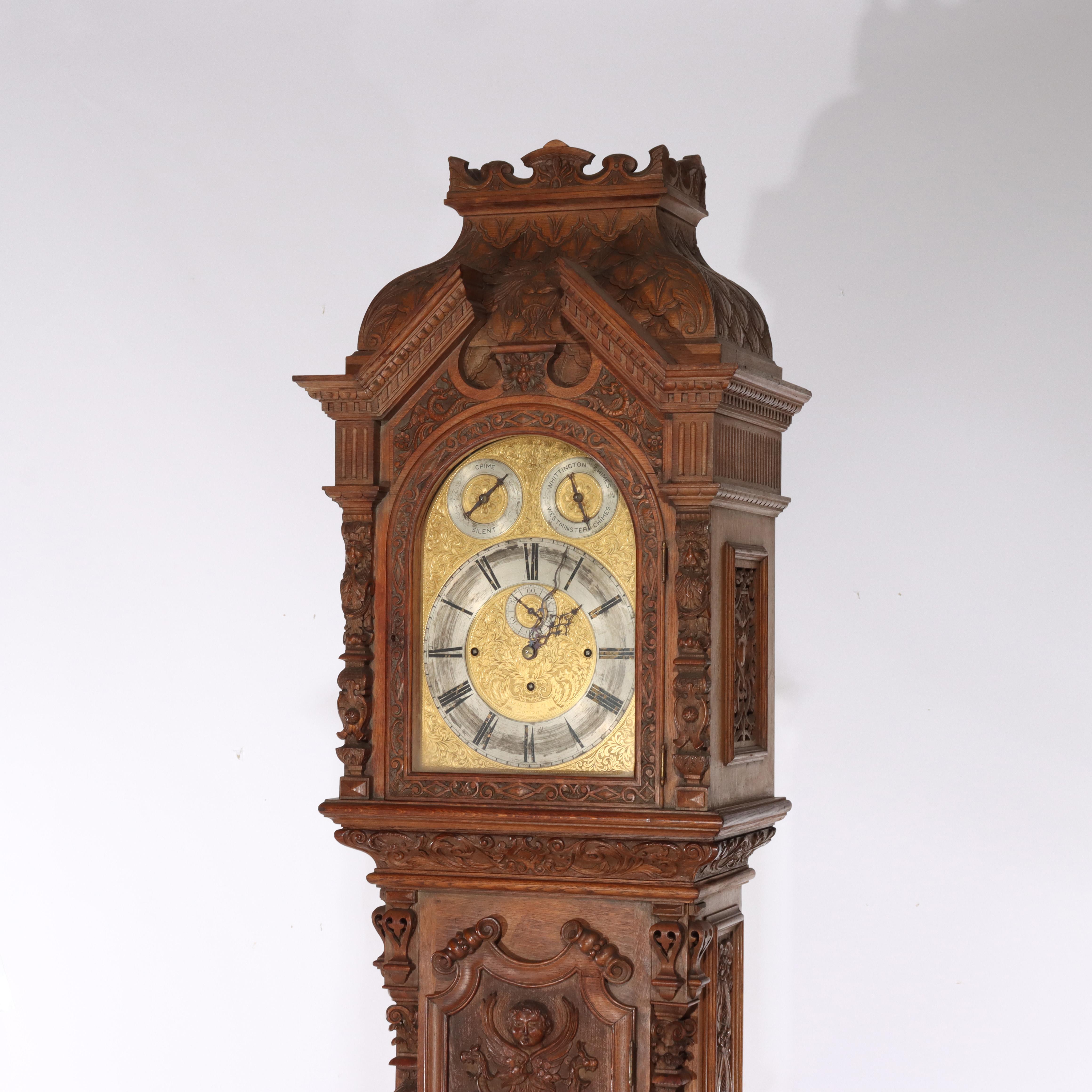 Monumental Westminster English Baroque Heavily Figural Carved Tall Case Clock In Good Condition For Sale In Big Flats, NY