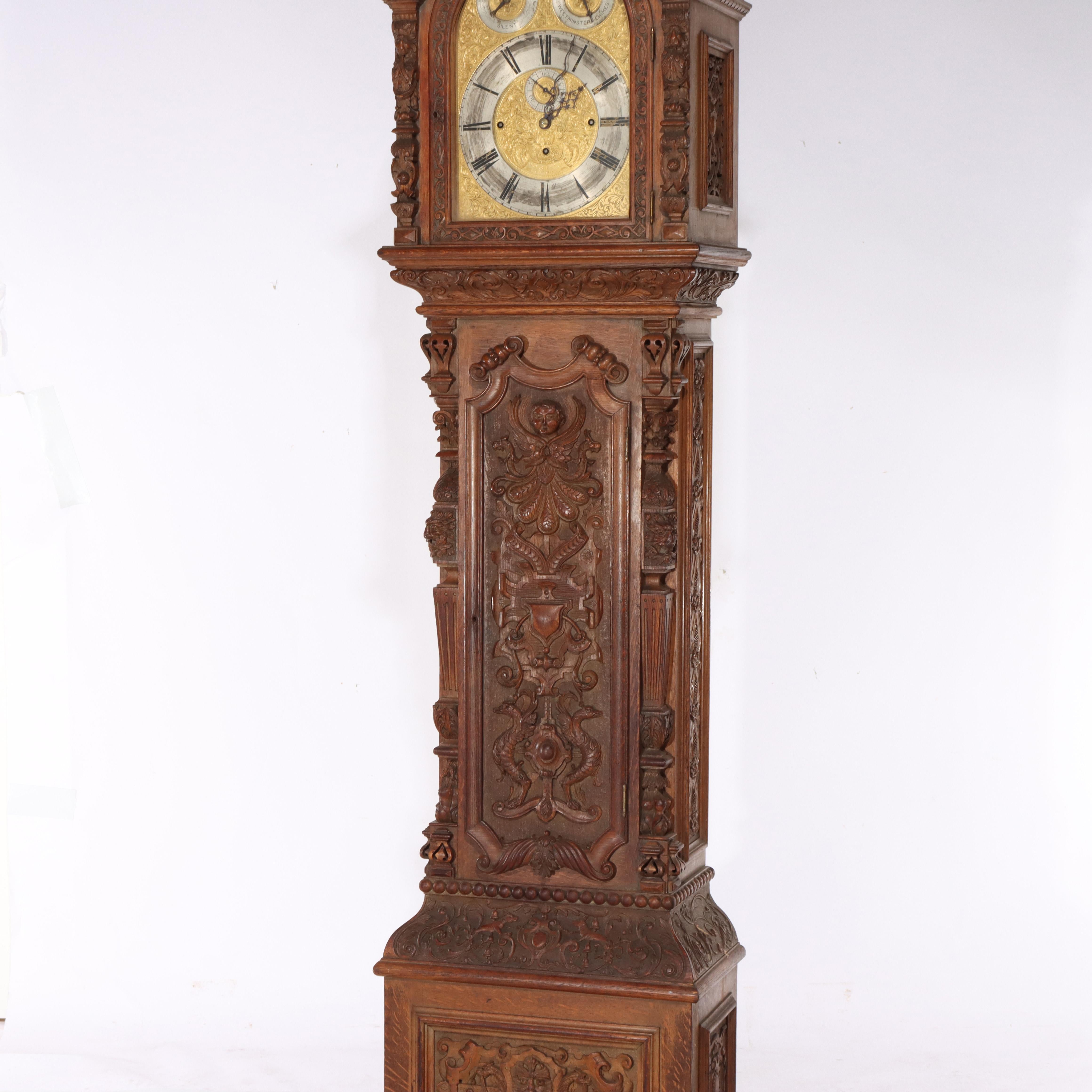 19th Century Monumental Westminster English Baroque Heavily Figural Carved Tall Case Clock For Sale