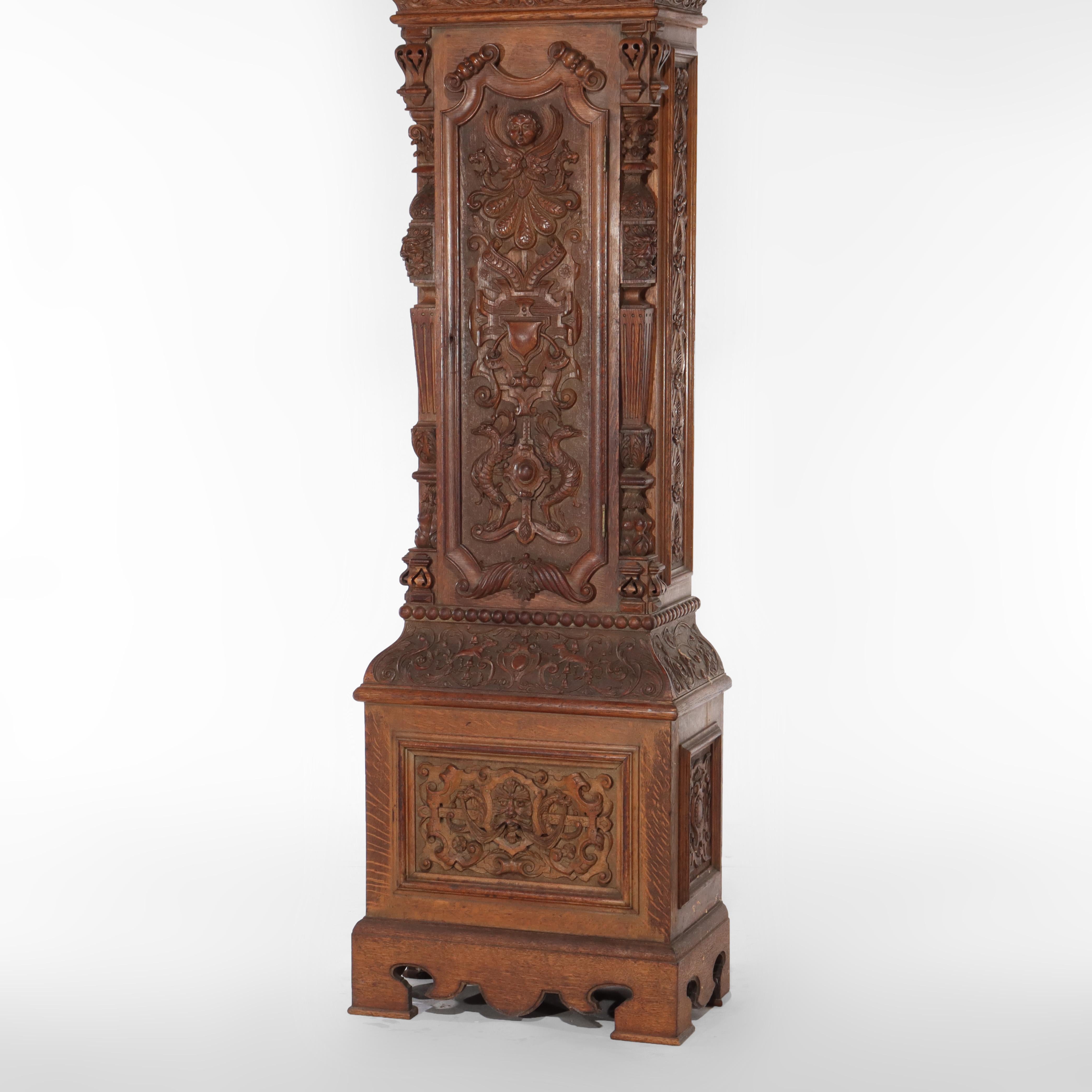 Oak Monumental Westminster English Baroque Heavily Figural Carved Tall Case Clock For Sale