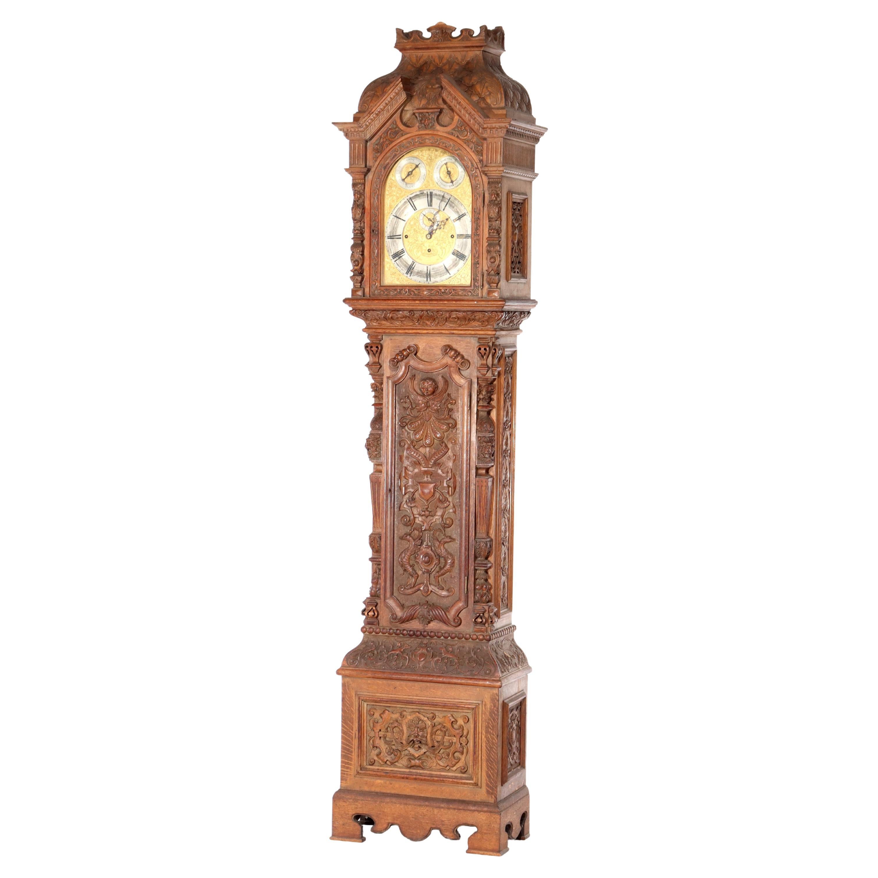 Monumental Westminster English Baroque Heavily Figural Carved Tall Case Clock For Sale