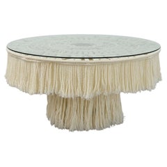 Monumental white dining table with glass top and macramé, Italy