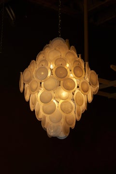 Monumental White Iridescent Murano Glass Disc Chandelier
