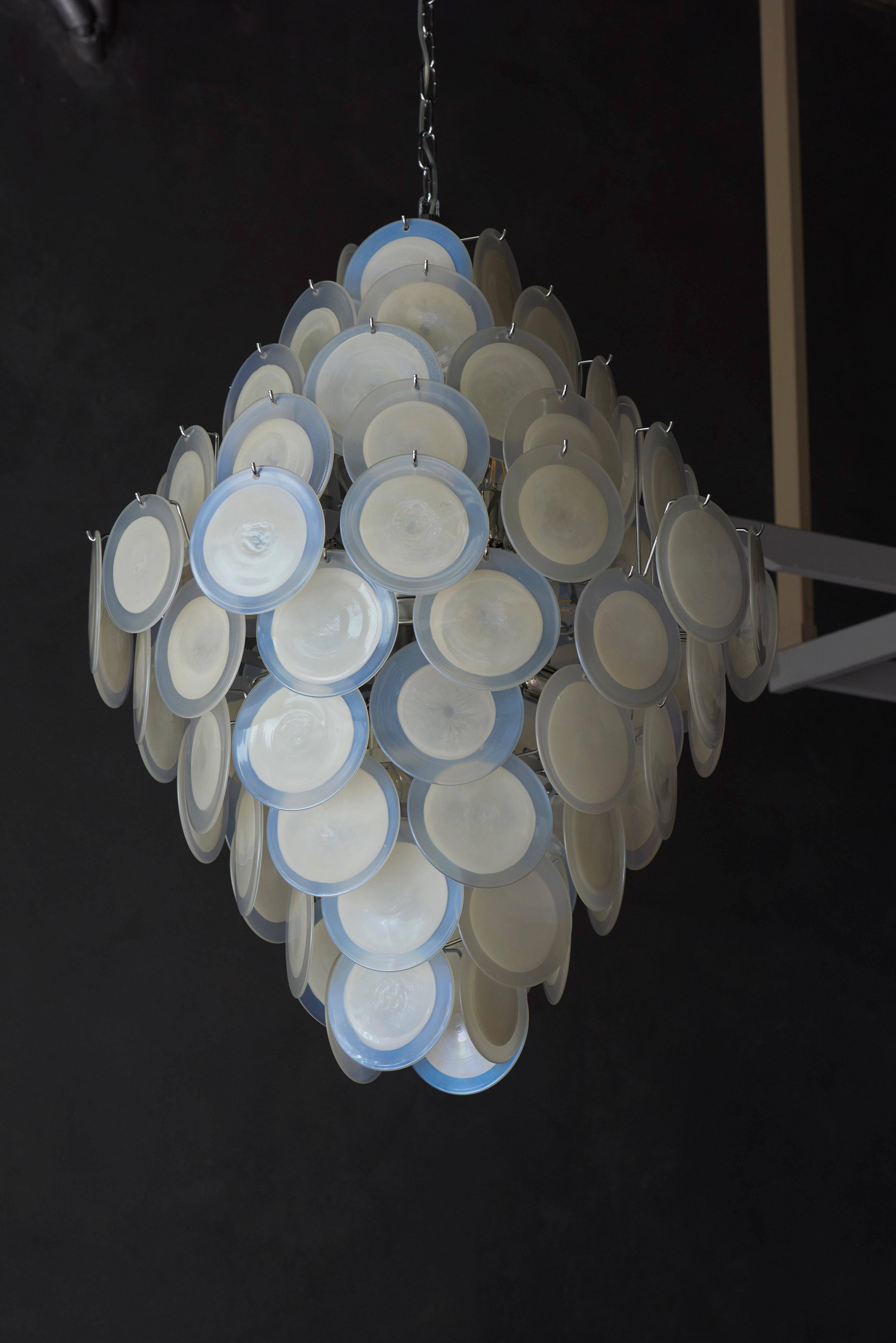 Italian Monumental White Iridescent Murano Glass Disc Chandelier  For Sale