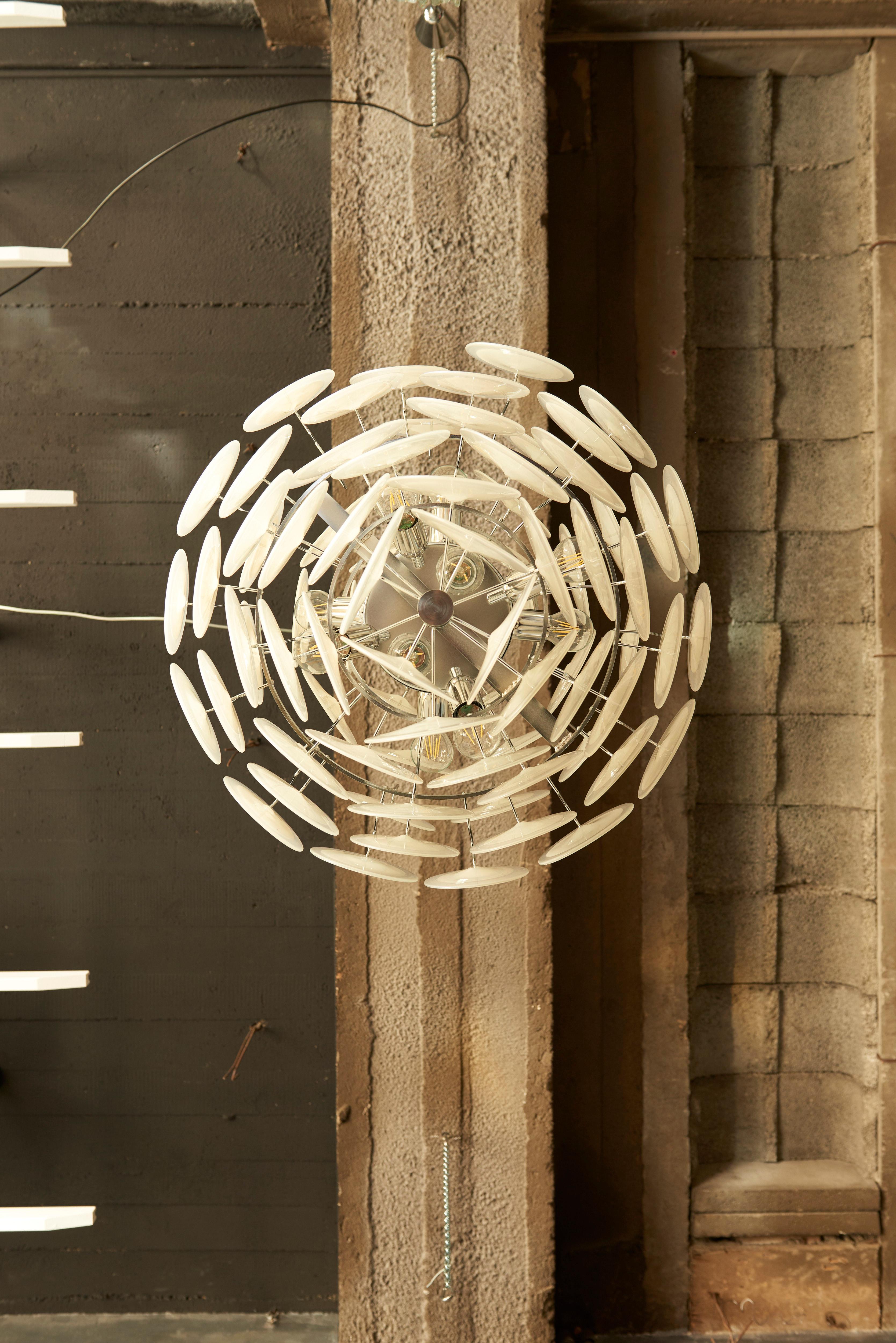 Metal Monumental White Iridescent Murano Glass Disc Chandelier For Sale