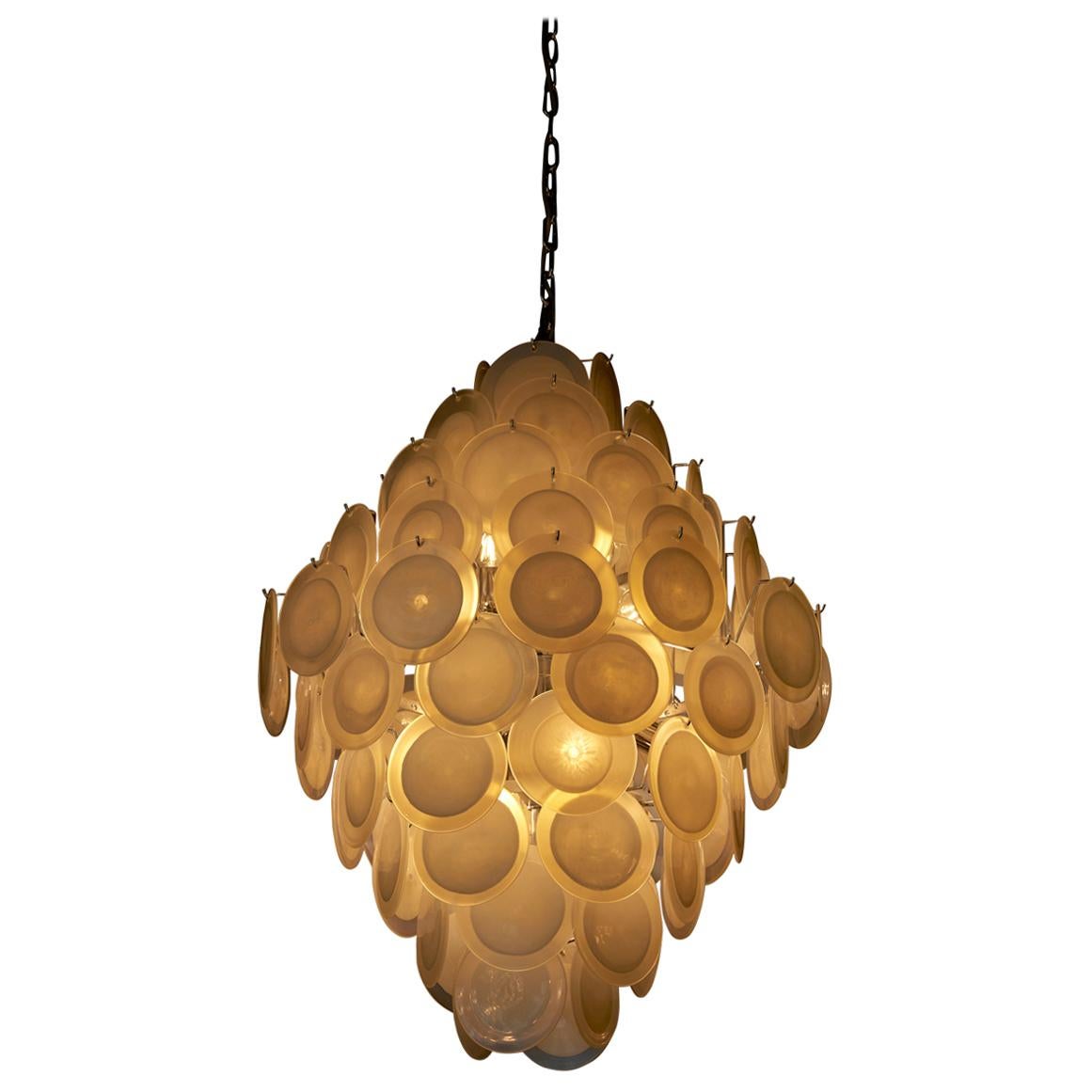 Monumental White Iridescent Murano Glass Disc Chandelier For Sale