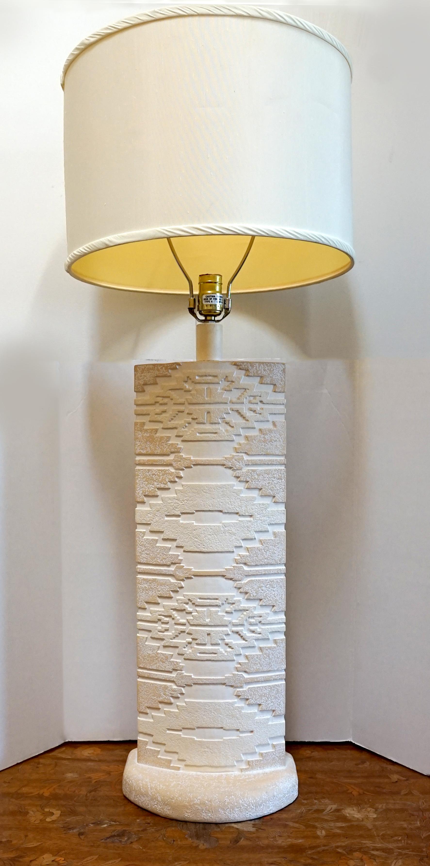 Monumental White Stone Pillar Table Lamp in Southwest Style with Incised Etching For Sale 2
