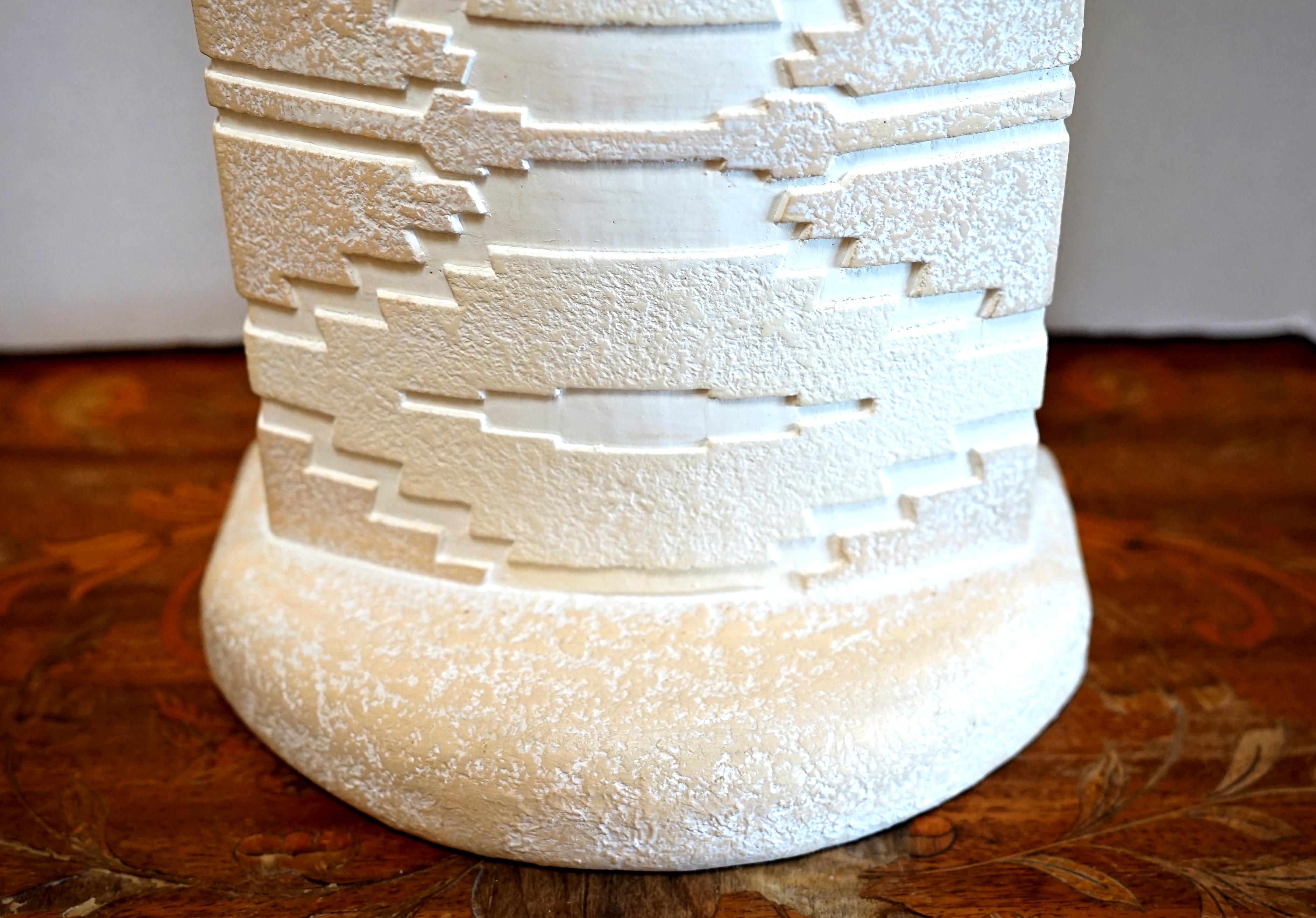 Monumental White Stone Pillar Table Lamp in Southwest Style with Incised Etching For Sale 5
