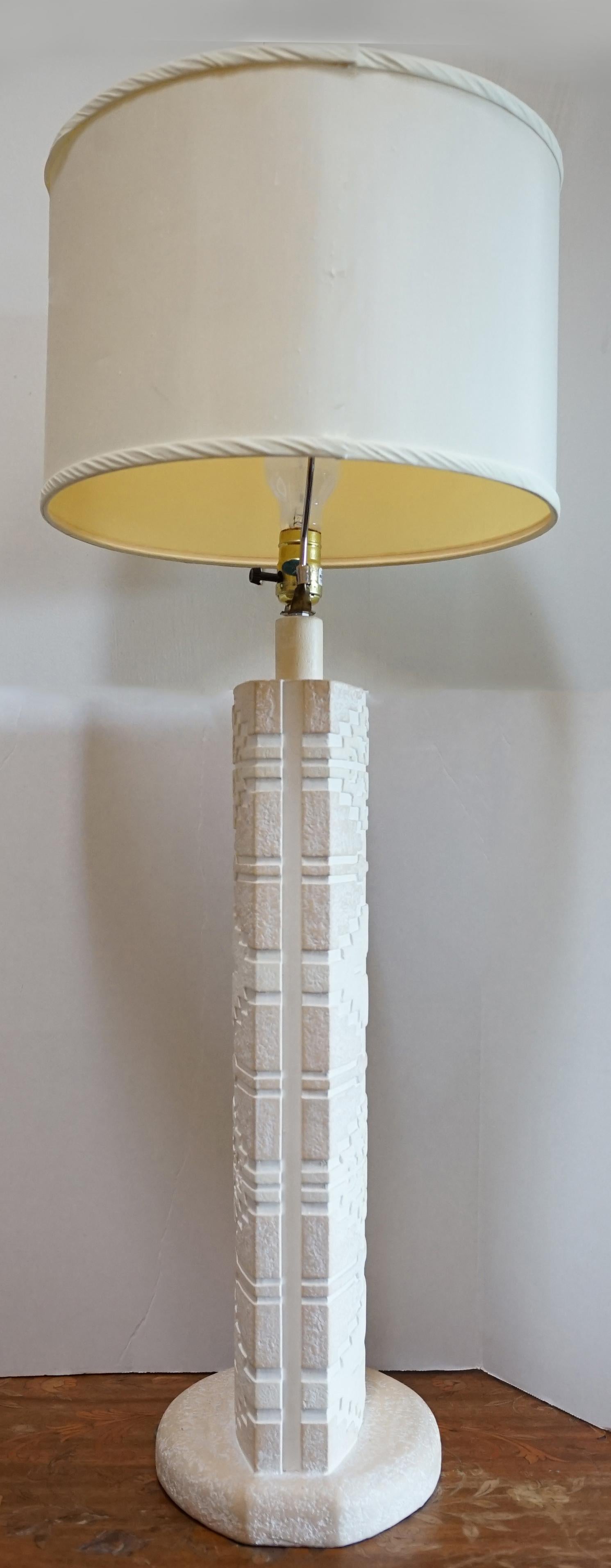 American Monumental White Stone Pillar Table Lamp in Southwest Style with Incised Etching For Sale
