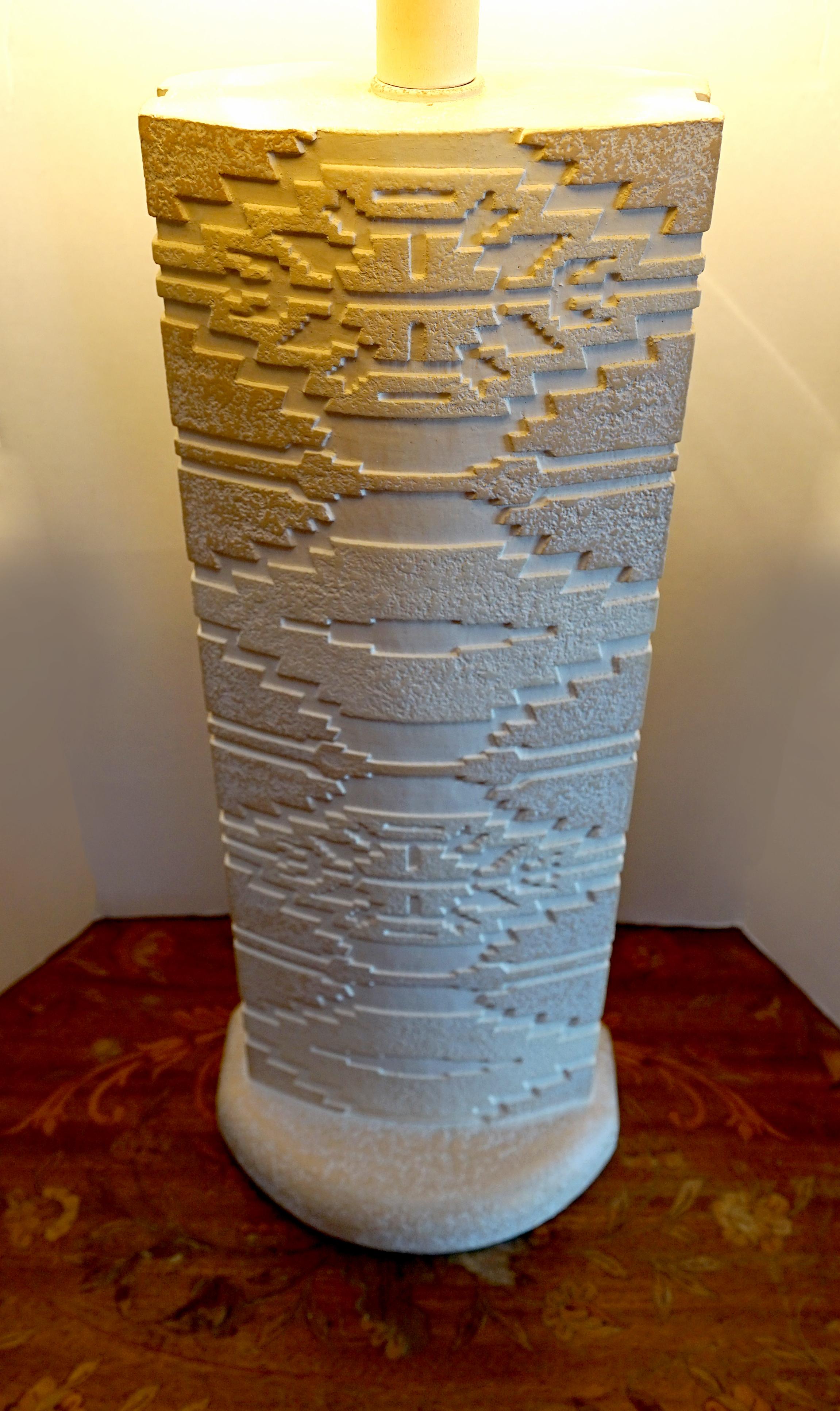 Etched Monumental White Stone Pillar Table Lamp in Southwest Style with Incised Etching For Sale