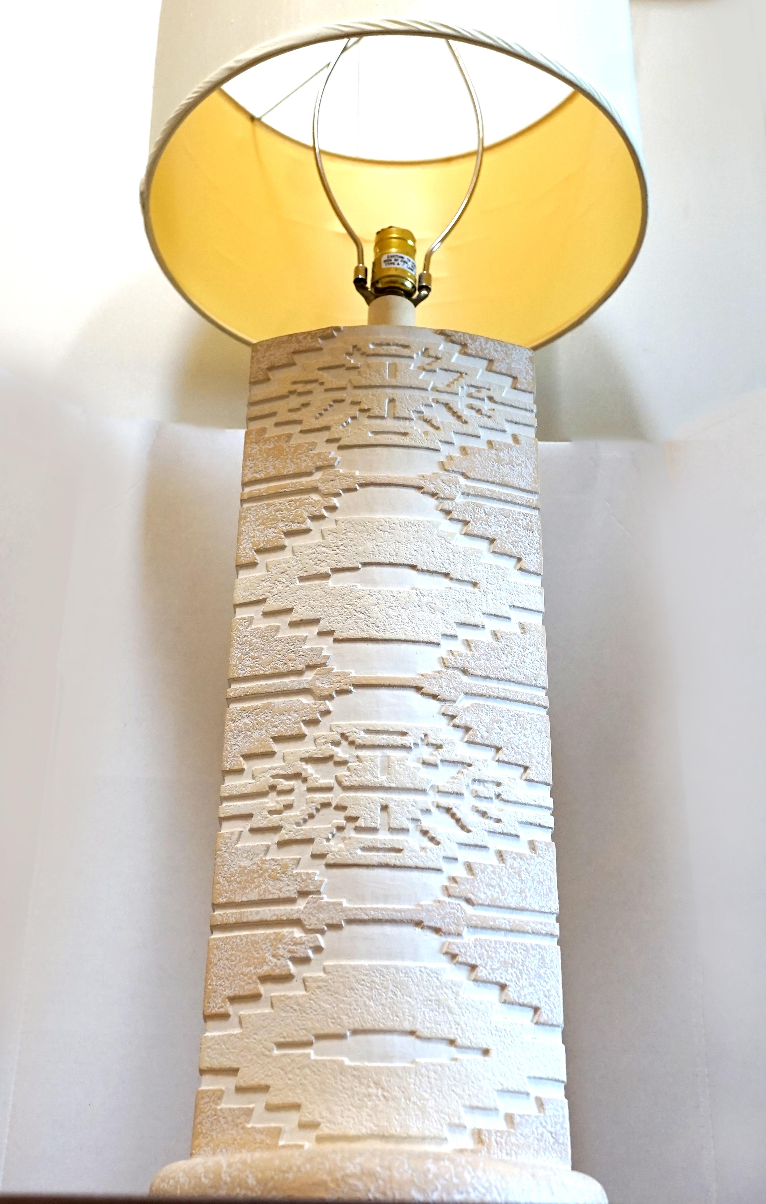 Monumental White Stone Pillar Table Lamp in Southwest Style with Incised Etching For Sale 1