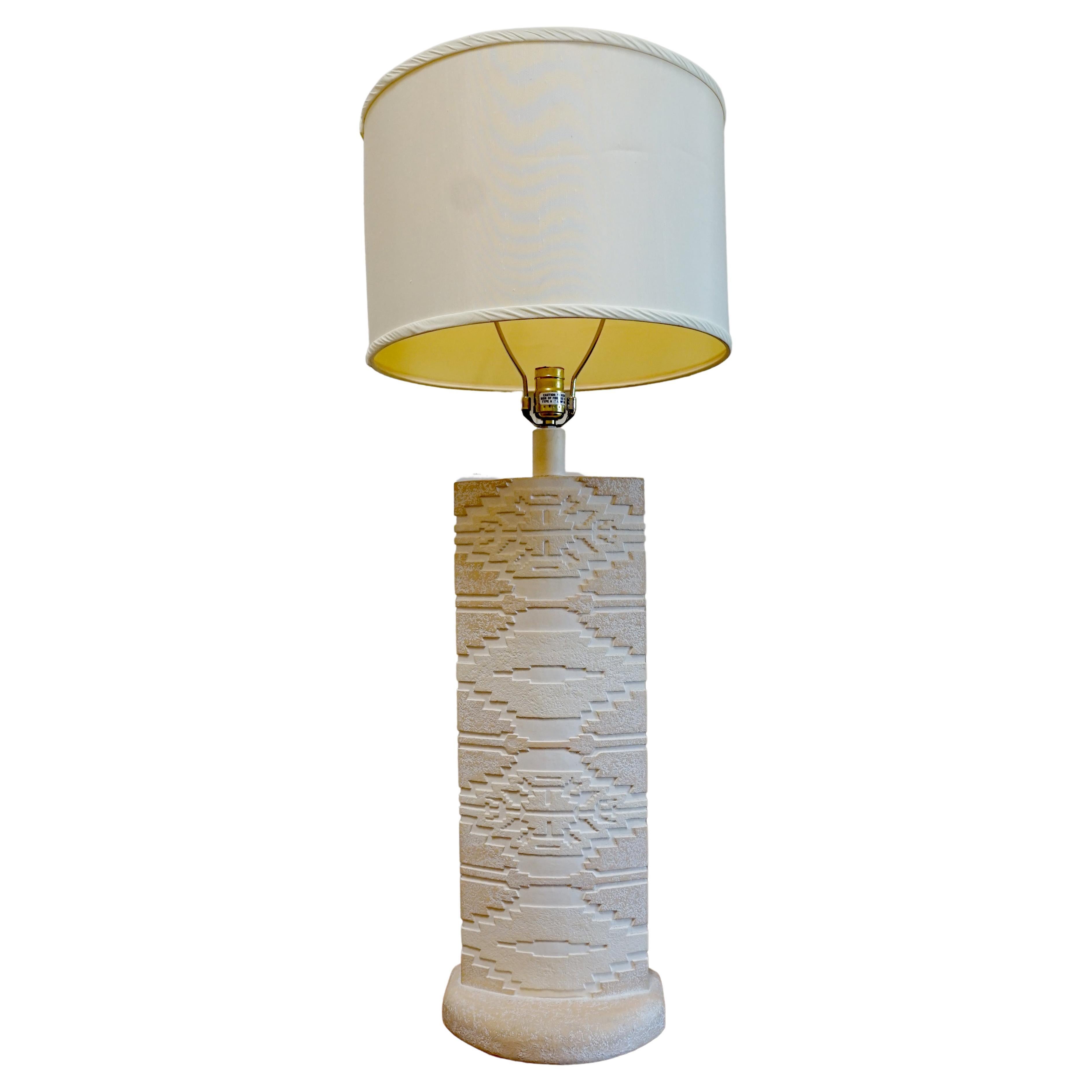Monumental White Stone Pillar Table Lamp in Southwest Style with Incised Etching For Sale
