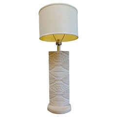 Monumental White Stone Pillar Table Lamp in Southwest Style with Incised Etching