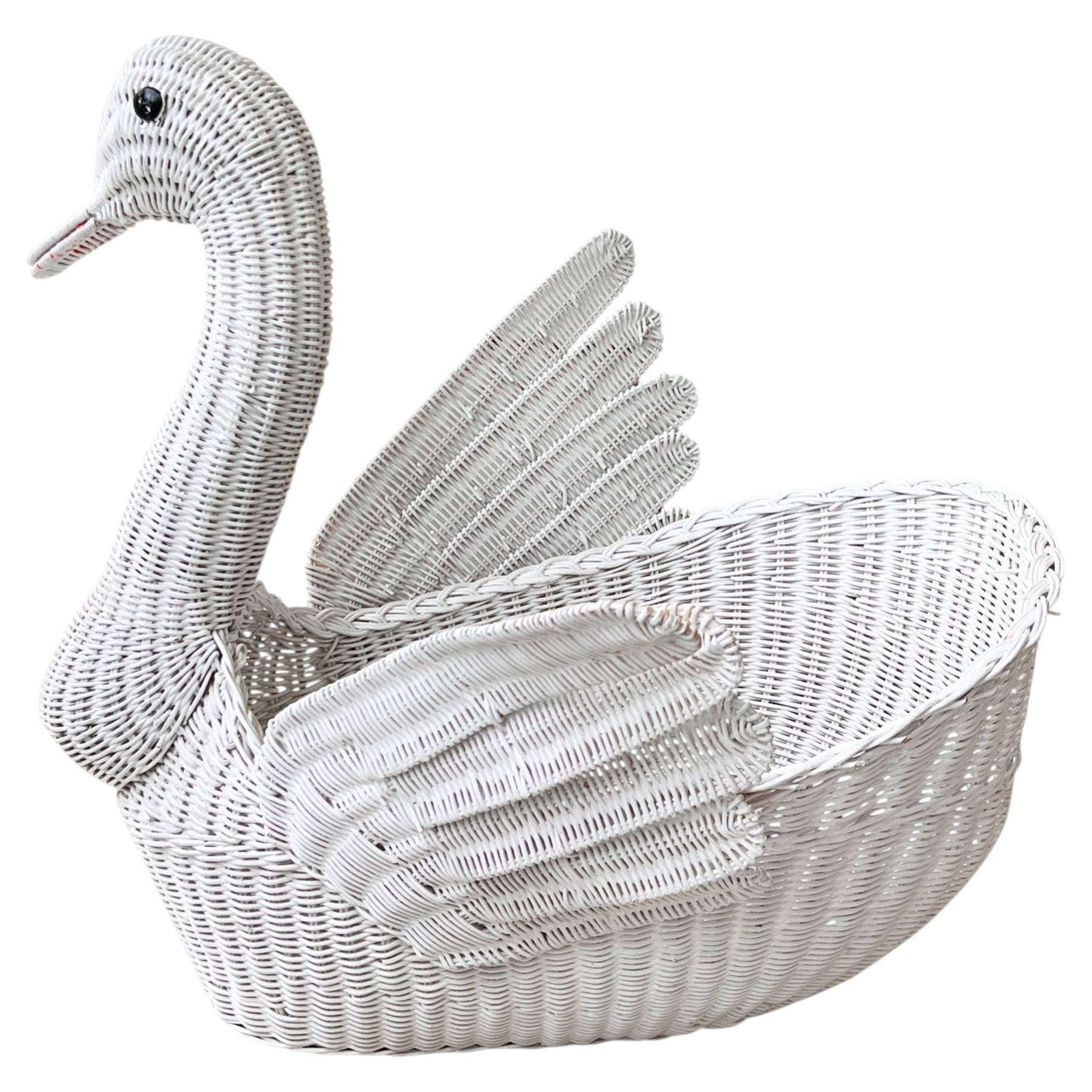 Monumental White Wicker Swan Basket or Planter, Palm Beach Style For Sale