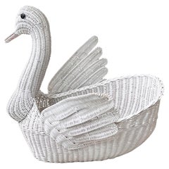 Monumental White Wicker Swan Basket or Planter, Palm Beach Style
