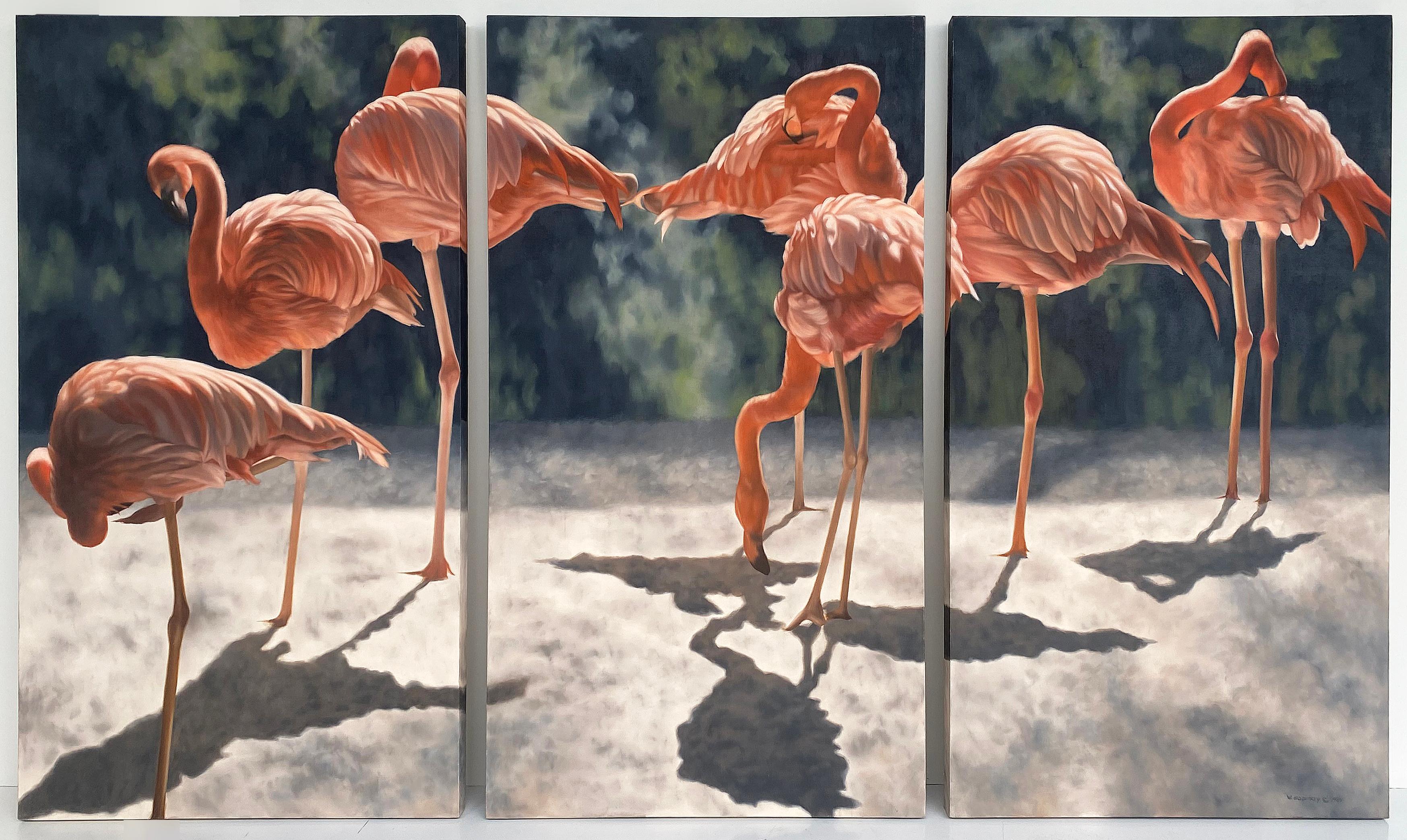 Monumental Winifred Godfrey Triptych Paintings Oil on Canvas 

Offered for sale is a monumental and striking flamingo triptych oil painting group by the American artist Winifred Godfrey (1944- ). The paintings are on canvas and are notated on the