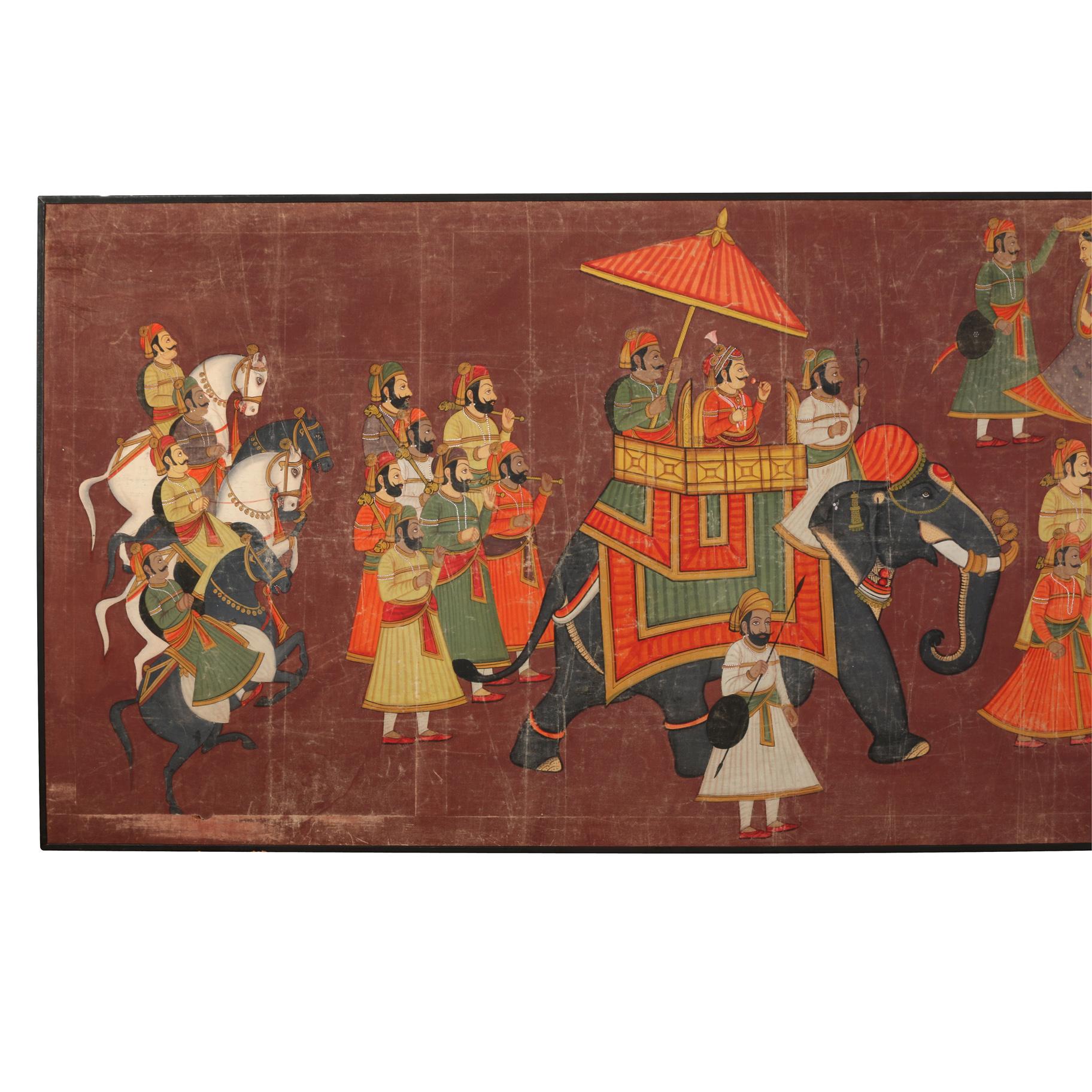 A monumental work gouache on silk linen, depicting a procession of figures, horses and an elephant painted on a panel and framed.