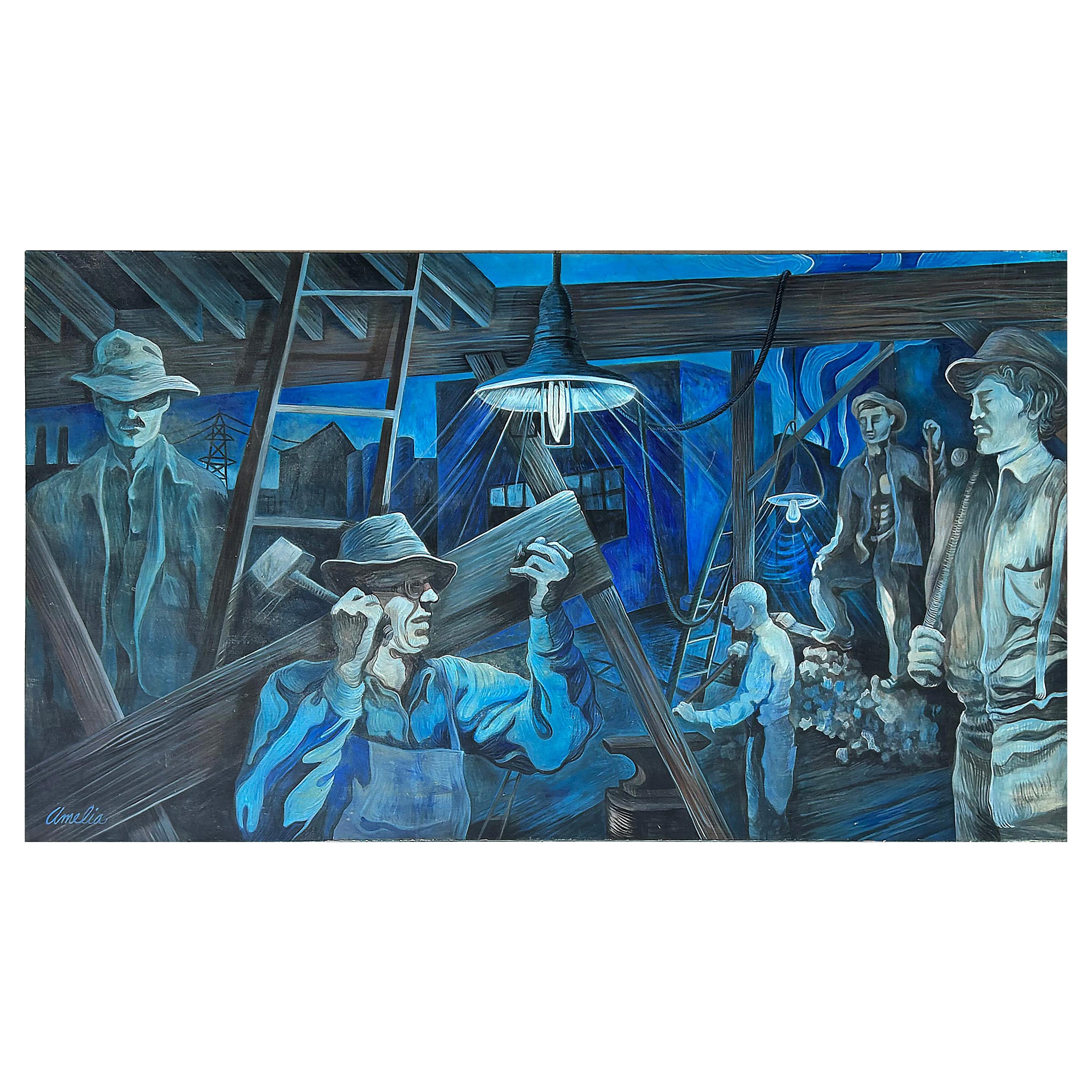 Monumental WPA Style Painting by Chicago Artist Amelia Helper