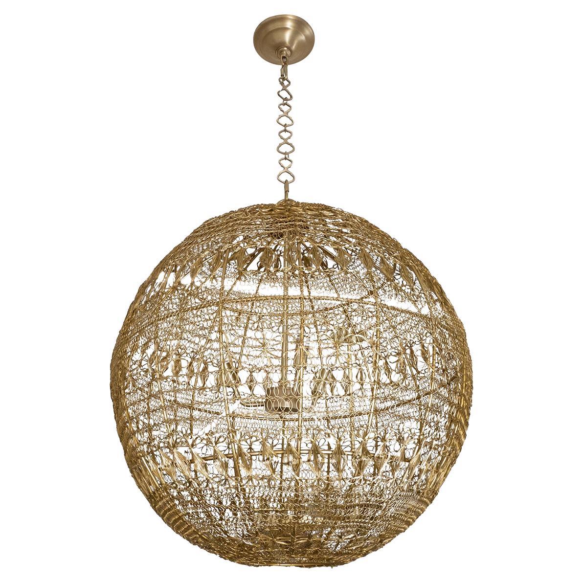 Monumental wrought brass wire pendant For Sale