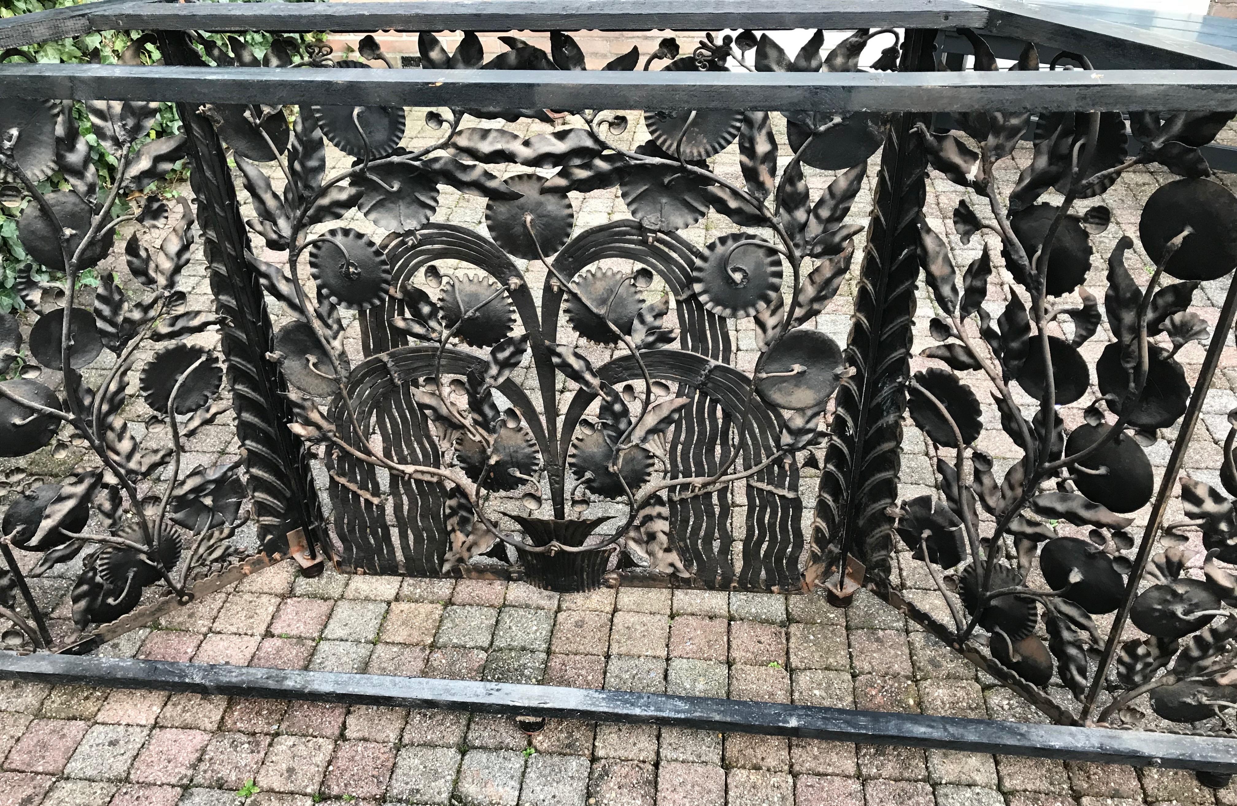 Monumental Wrought Iron Fountain, Flowers and Palm Leaf Art Deco Console Table   11