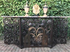 Monumental Wrought Iron Fountain, Flowers and Palm Leaf Art Deco Console Table