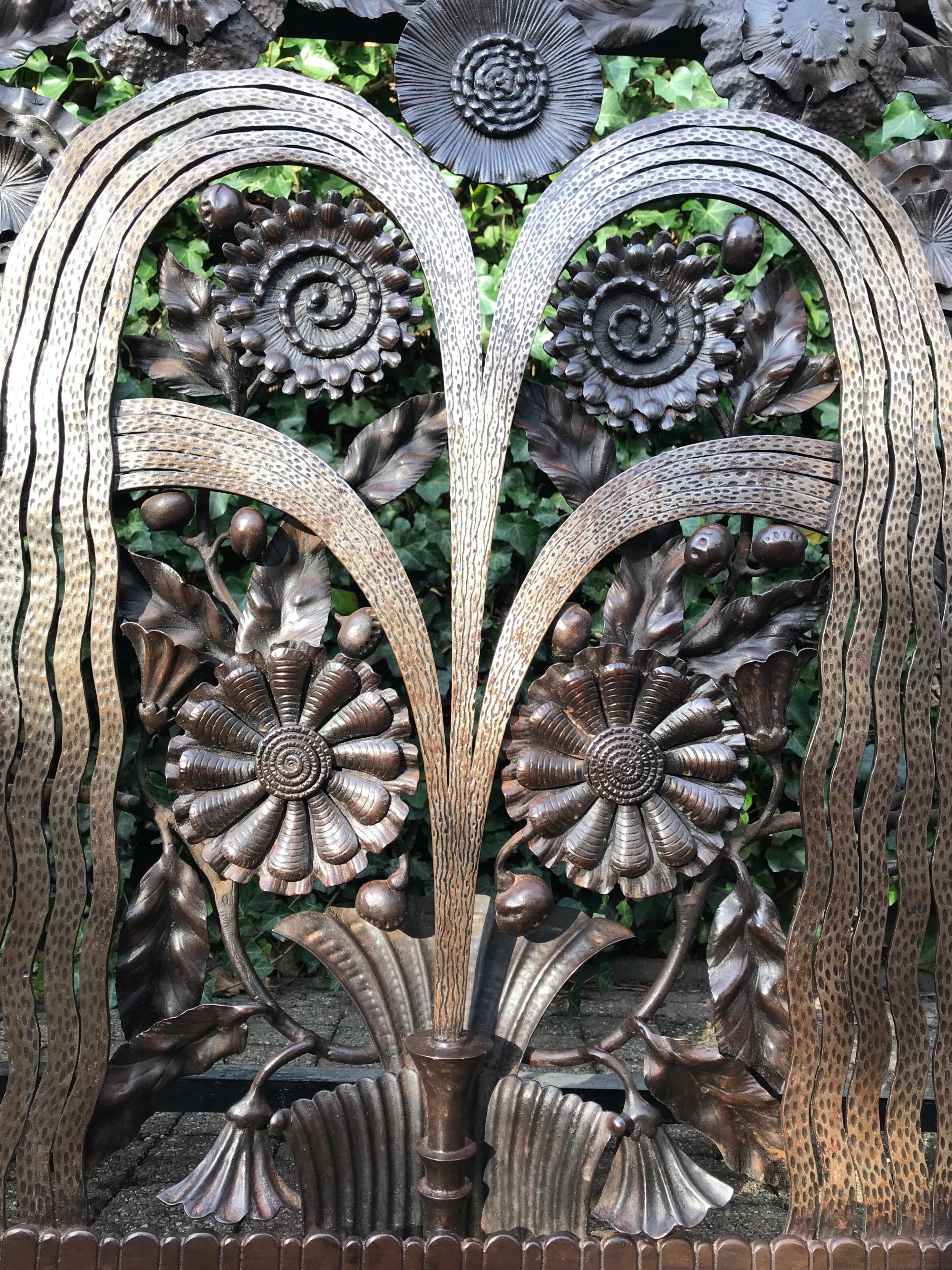 Hammered Monumental Wrought Iron Fountain, Flowers and Palm Leaf Art Deco Console Table  