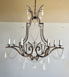Mid-Century Modern Wrought Iron & Rock Crystal Chandelier
