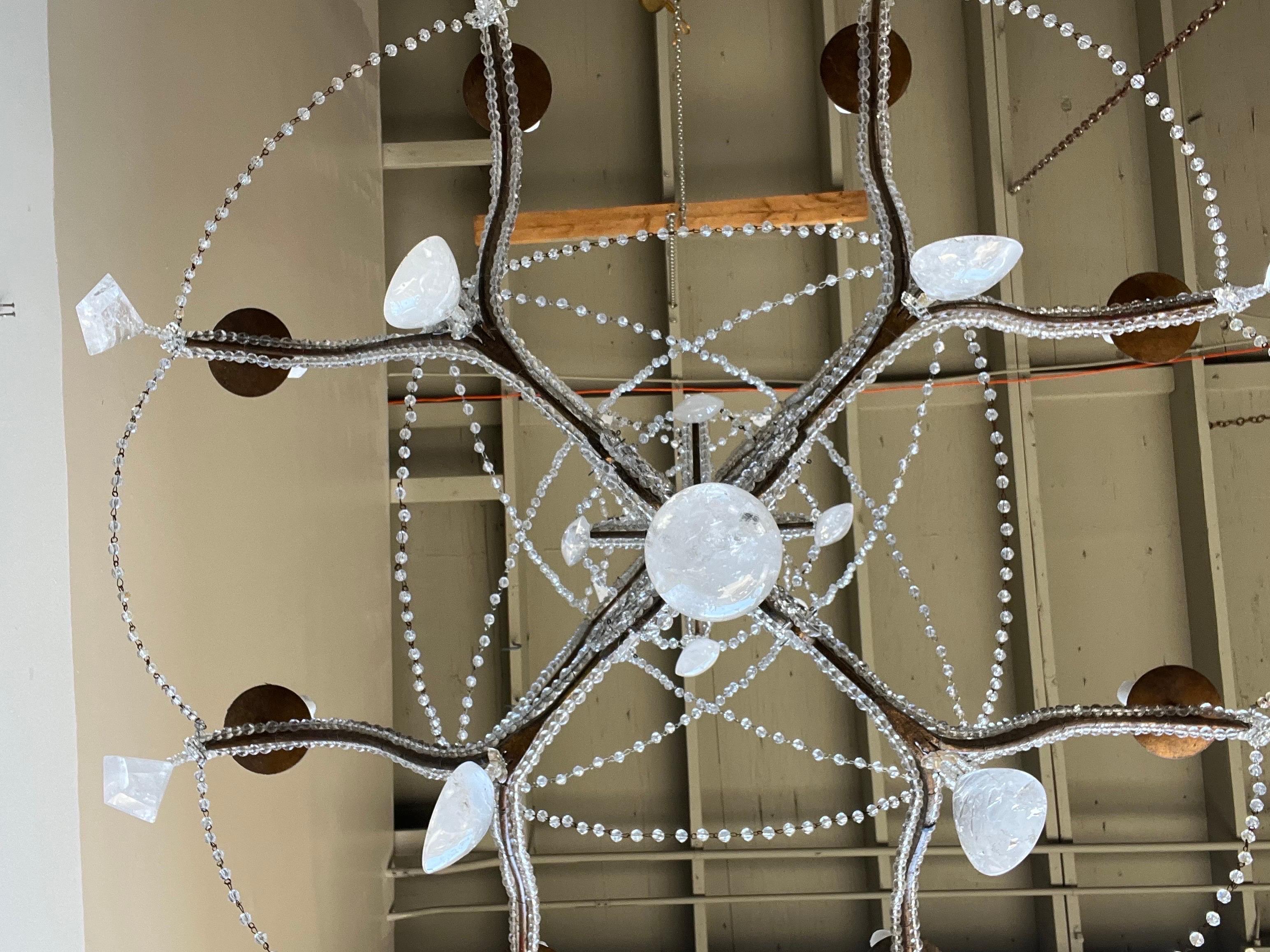 Mid-Century Modern Monumental Wrought Iron & Rock Crystal Chandelier For Sale