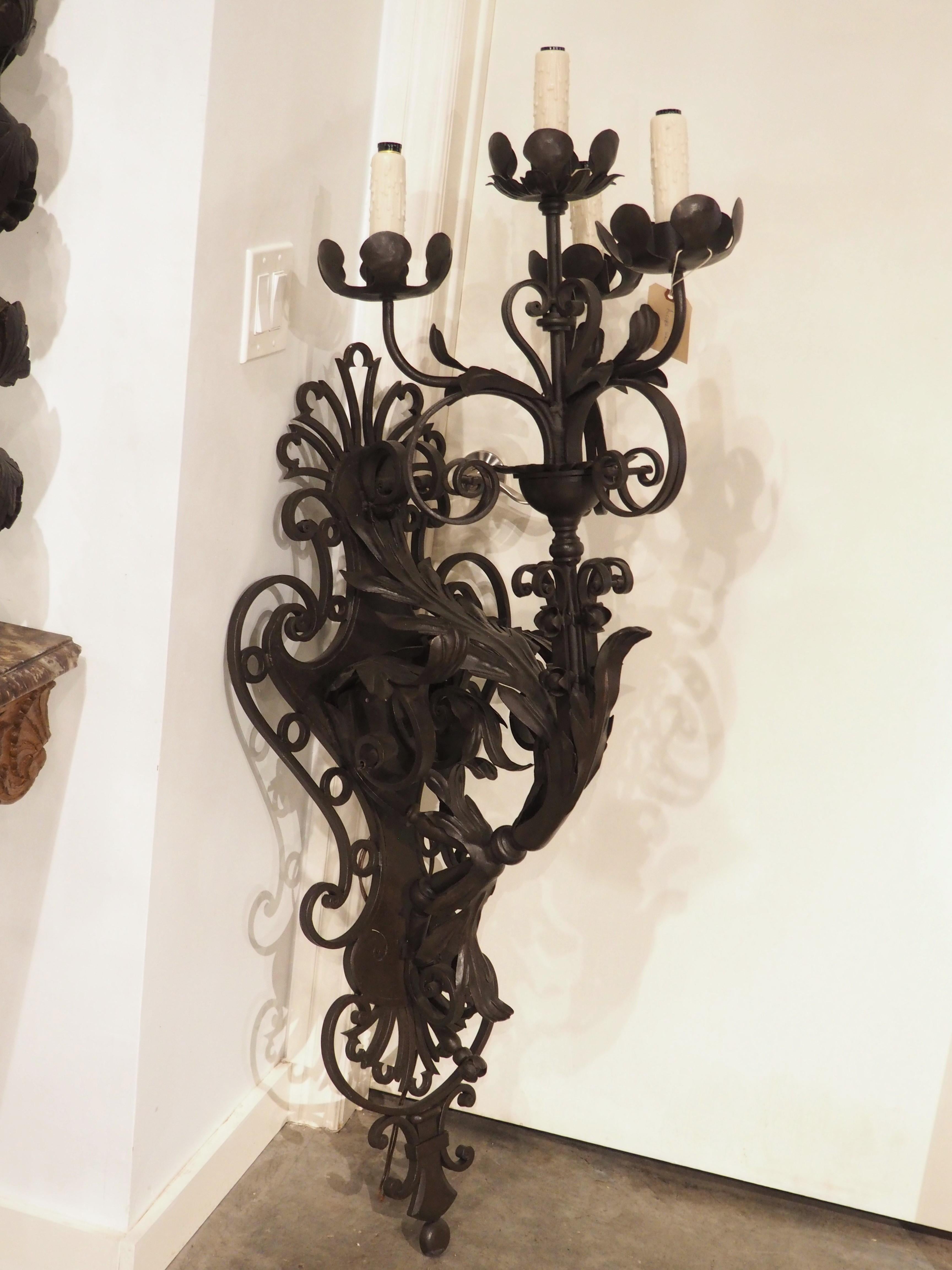 Baroque Monumental Wrought Iron Single Arm 4-Light Wall Sconce, H-57 inches For Sale