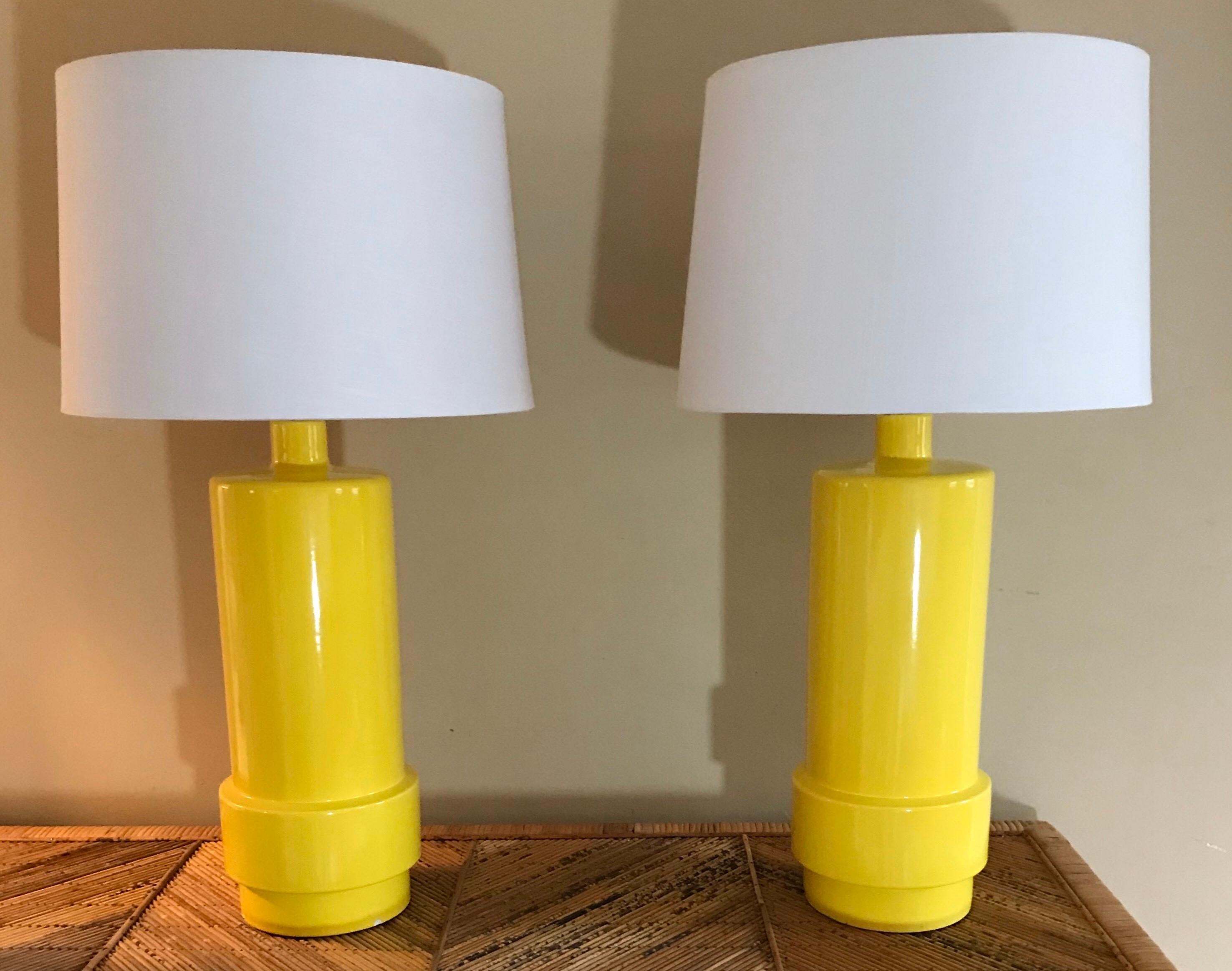 Huge! Gorgeous! The best vintage yellow lamps, ever.

New shades and glass globe finials. 

32.5 inches tall with current harp and finial- 24.5 inches to top of socket. 

